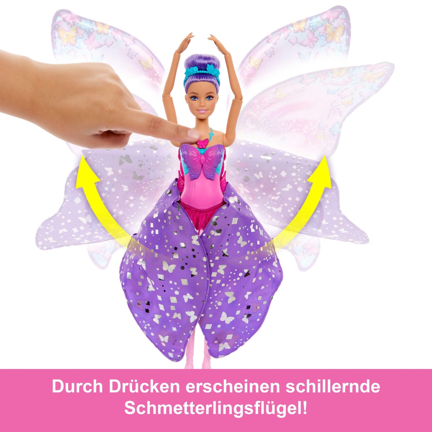 Barbie Dance and Flutter Doll with 2-in-1 transformation from dancer to butterfly with opening wings, purple hair, hair accessory, and removable tutu, HXJ10.