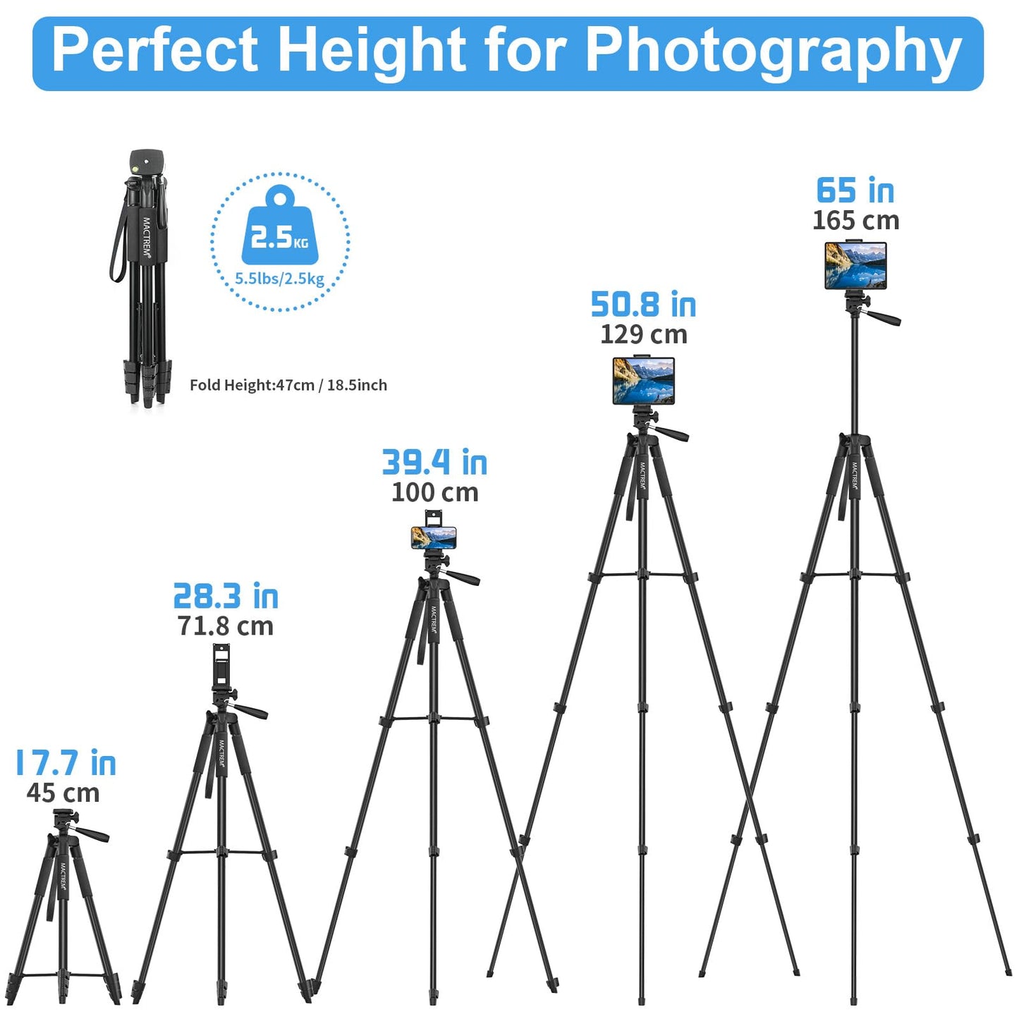 Cellphone tripod, Upgrade 165cm / 65" Camera Tripod for Smartphone iPad, 360° Rotation Portable Tripod with Remote Shutter Compatible for Tablet, All Phones, iPhone, Samsung, Camera, Gopro