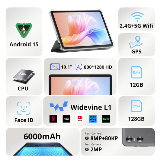 2025 Latest tablet, 10 inches, 12GB RAM+128GB ROM (1TB TF) with case, stylus, keyboard, and mouse, Octa-core, 1280x800 HD, 6000mAh (with NTC), Widevine L1, 8MP+5MP cameras, 2.4G+5G WiFi, GPS (Android 15).