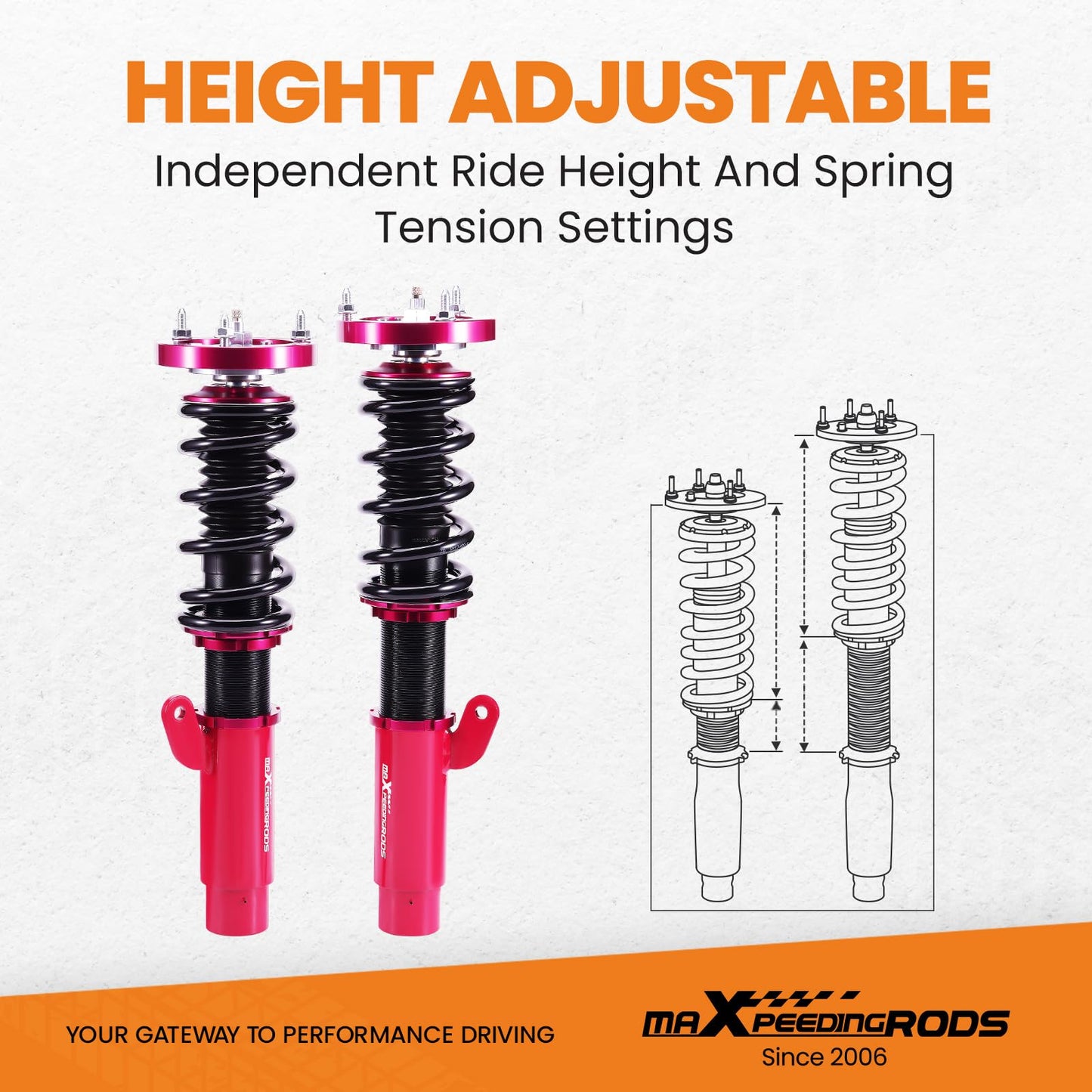maXpeedingrods suspension coilover for E46 3 Series 98-06 adjustable hardness 320d, 330d Red.