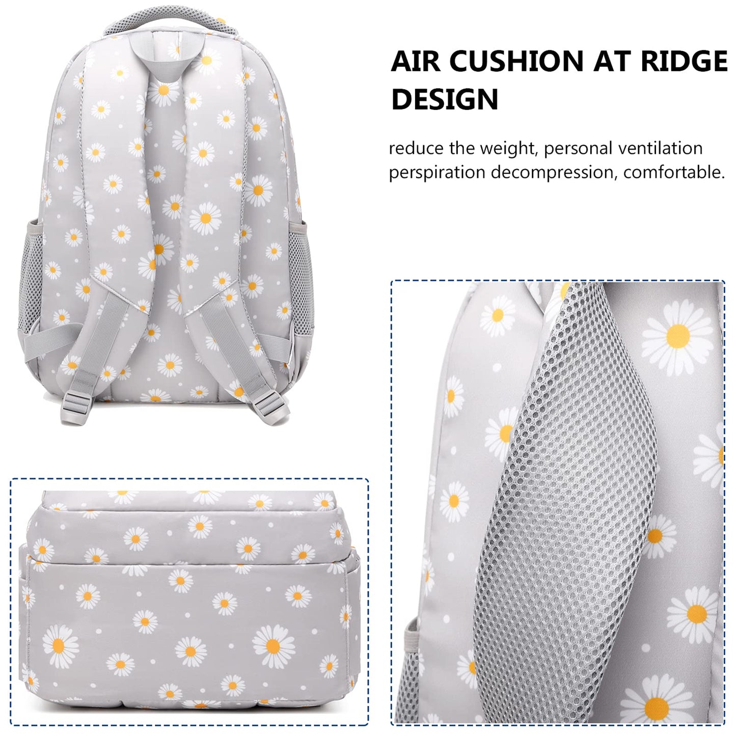 SIVENKE school backpack for girls, teenagers, and women. Daisy design set includes backpack, lunch bag, and pencil case for school and leisure.