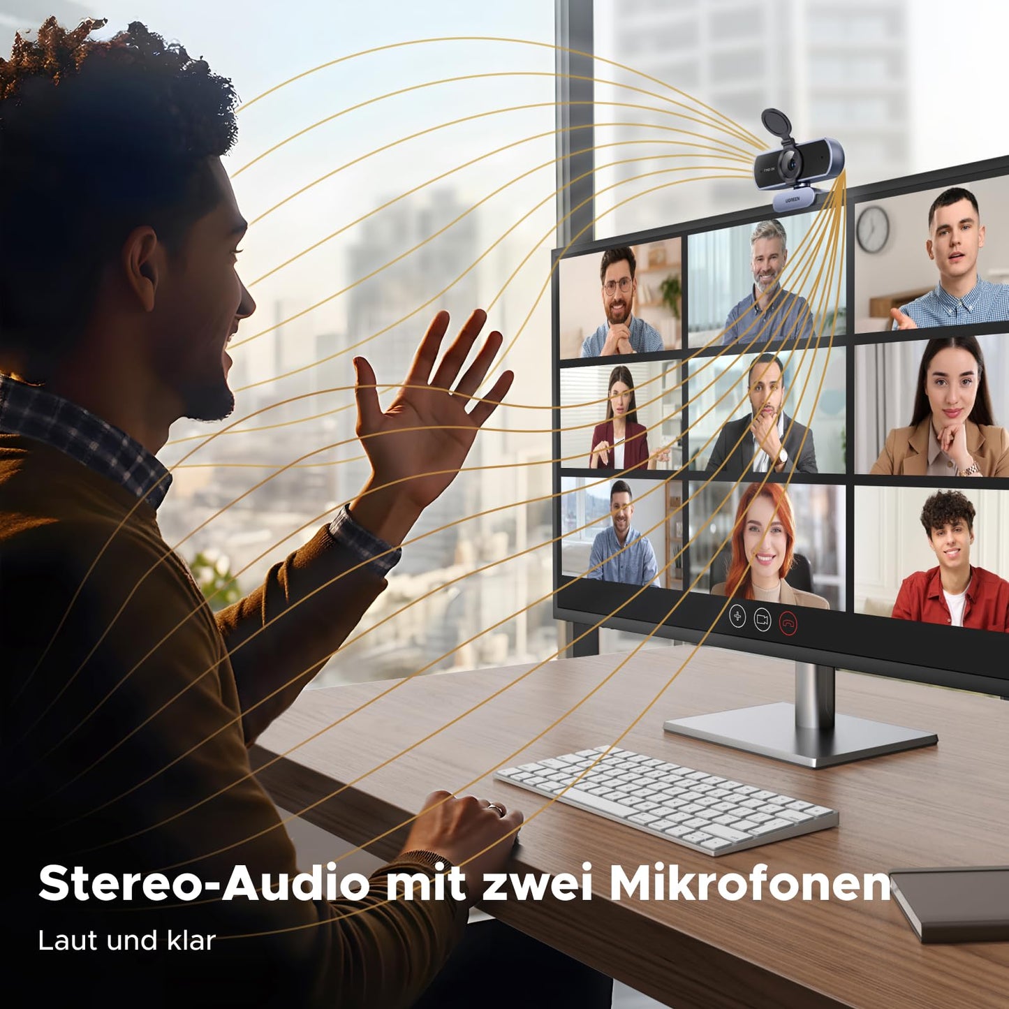 UGREEN Webcam 2K, USB A webcam with microphone, PC camera, fixed focus, 80° field of view, camera with privacy cover, automatic light correction, stereo sound, plug & play, PC camera for Windows/MacOS/Zoom/Skype.