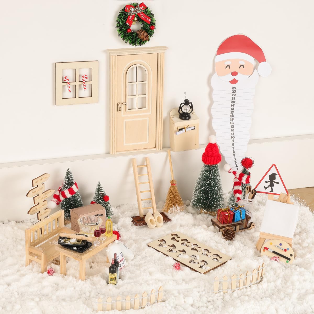 65pcs Elf Door Set with Letters, Elf Accessories Glow in the Dark Complete Set, Fairy Door Baking Site Easel, Advent Calendar Fairy Door Craft Set Elf House DIY Gifts