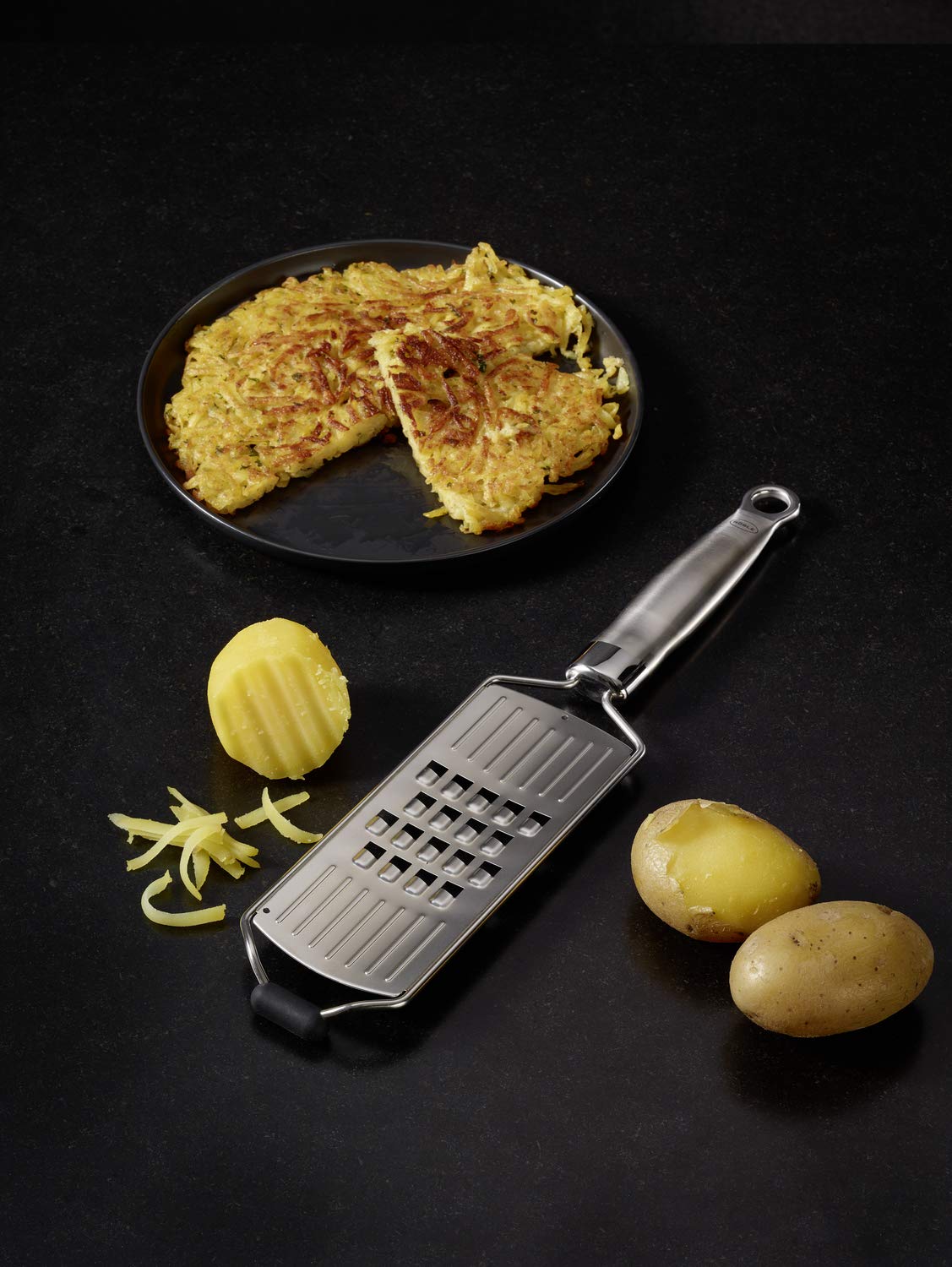RÖSLE coarse grater, high-quality grater for raw vegetables, potatoes, vegetables or cheese, with silicone base, stainless steel 18/10, including protective cover, 36 x 7.7 x 2 cm, silver-colored