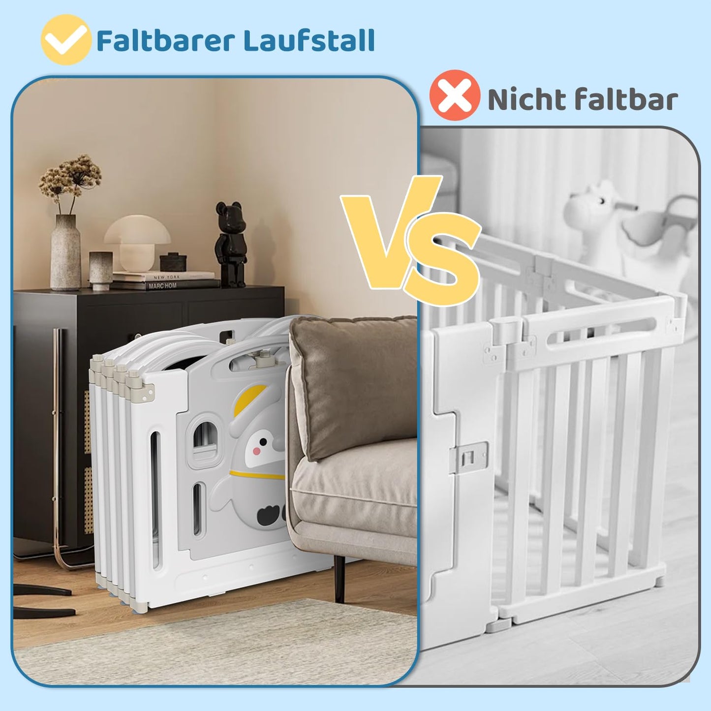 Sunworld Playpen baby playpen Foldable playpen with crawling mat and story box, Baby playpen, Foldable playpen 14-panel safety gate for children made of plastic (Gray white)