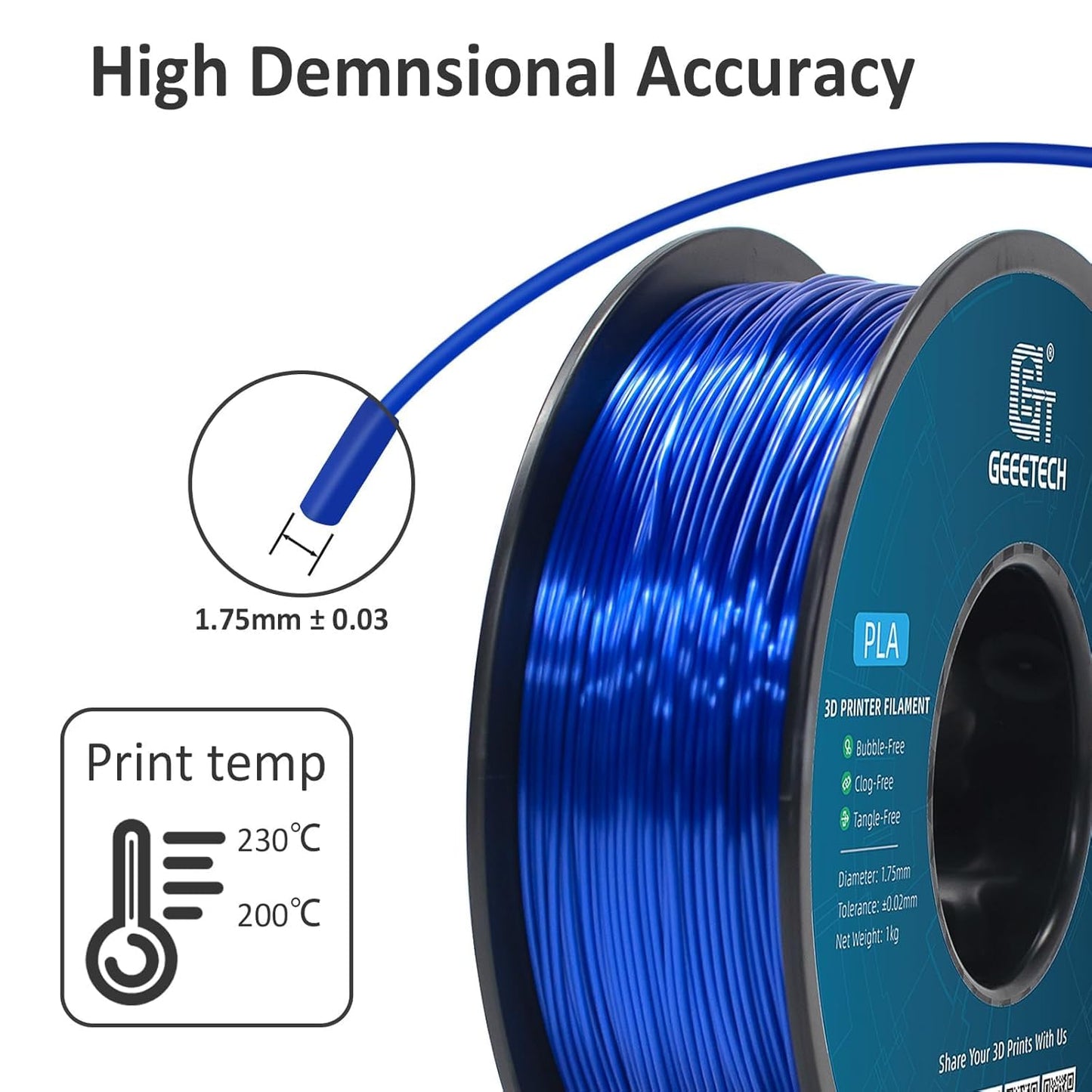GEEETECH PLA Silk filament 1.75mm, 3D printer filament PLA 1kg Spool (royal blue)