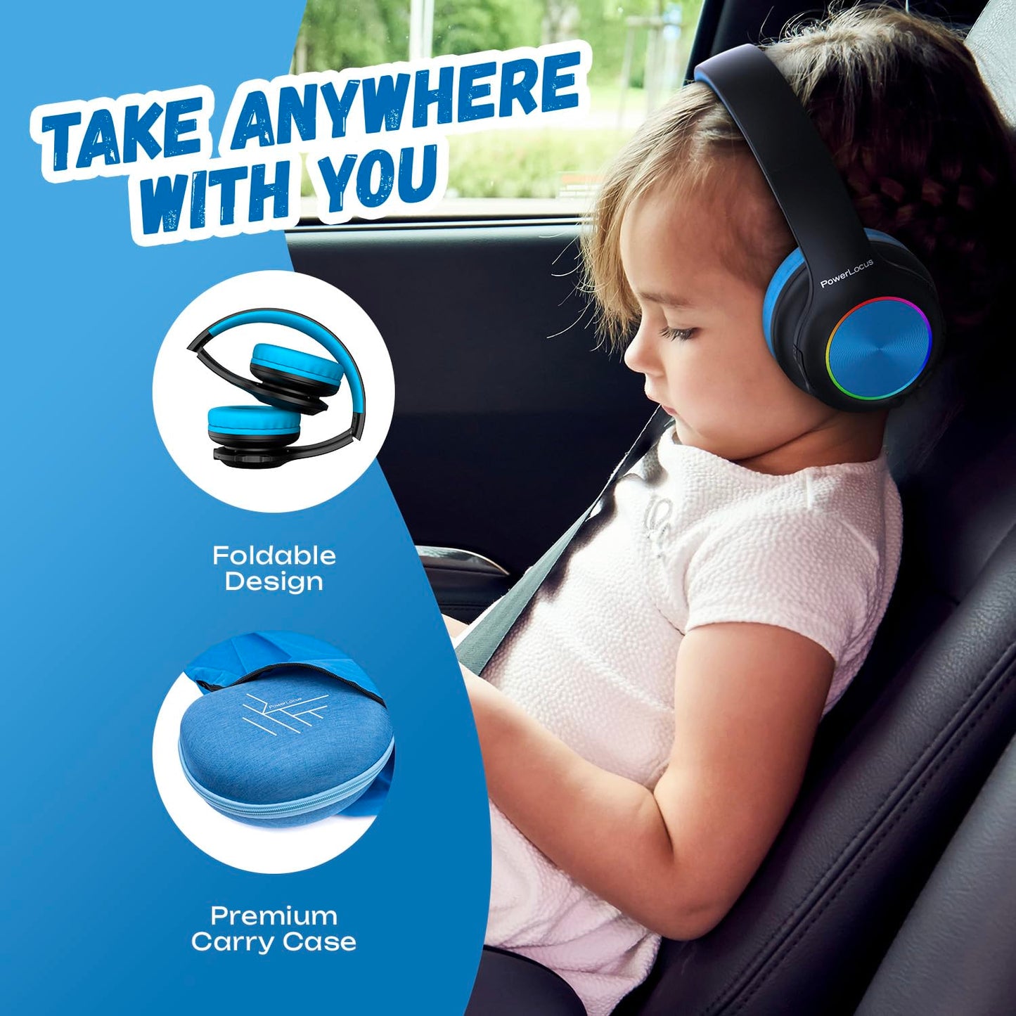 Kids Bluetooth headphones, PowerLocus kids wireless headphones with LED lights, 74/85/94dB volume limiter, foldable headset, HD stereo, micro SD, built-in microphone for school/laptop/phone/TV.