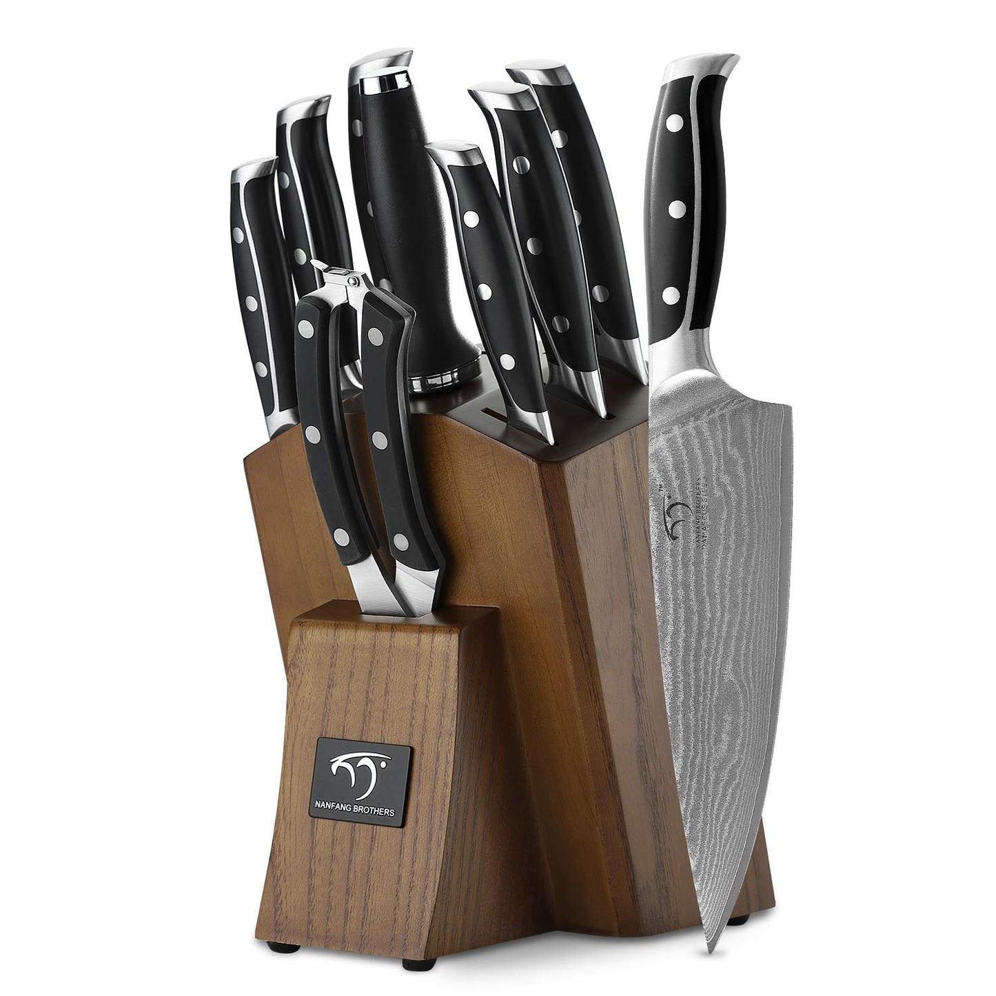 9-piece kitchen knife set sharpening for chef knife set with block, Damascus professional knife stainless steel steak knives with wooden handle kitchen knife sharpener and scissors by NanFang Brothers