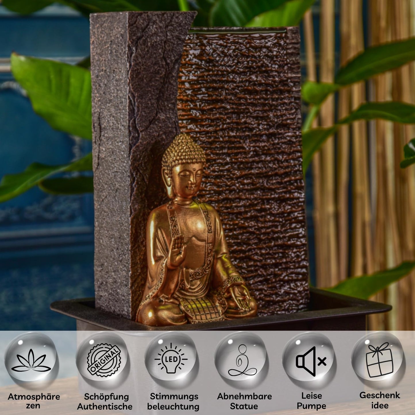 Zen'Light - Buddha Jati room fountain with removable yellow LED strip - Zen decor ideal for meditation and relaxation - Quiet water pump - Lucky fountain with closed circuit - H 40cm