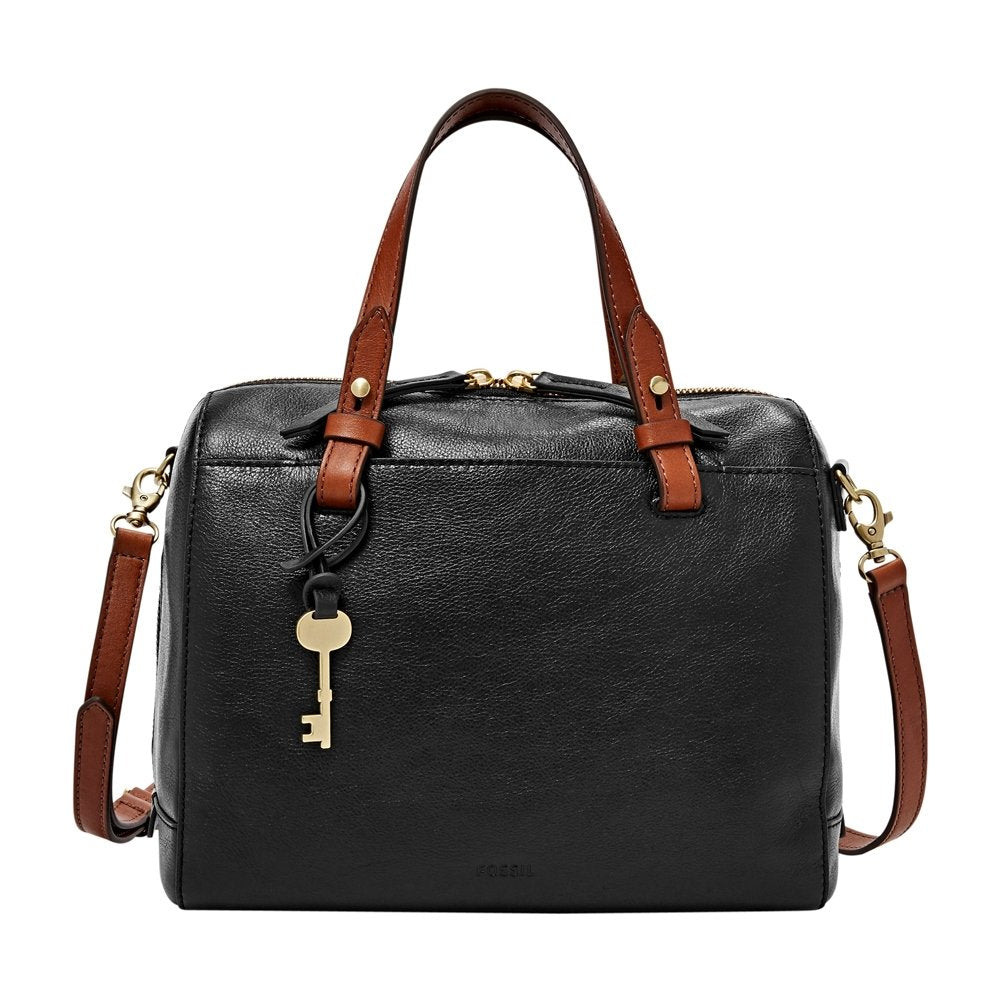 Fossil women's bag Rachel, eco leather/polyurethane trim satchel in black. 10 inches L x 5.75 inches W x 8 inches H. Style number ZB7256001.