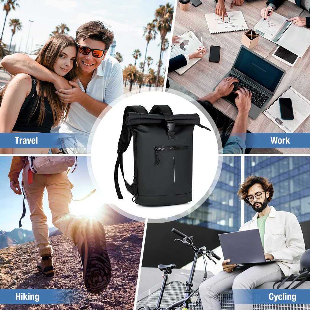 Lekeinchi Rolltop Backpack Waterproof for Women & Men, Large Laptop Backpack with Computer Compartment for 17 Inch Laptop, Stylish Travel Daypack for Travel, Cycling, University School--Black