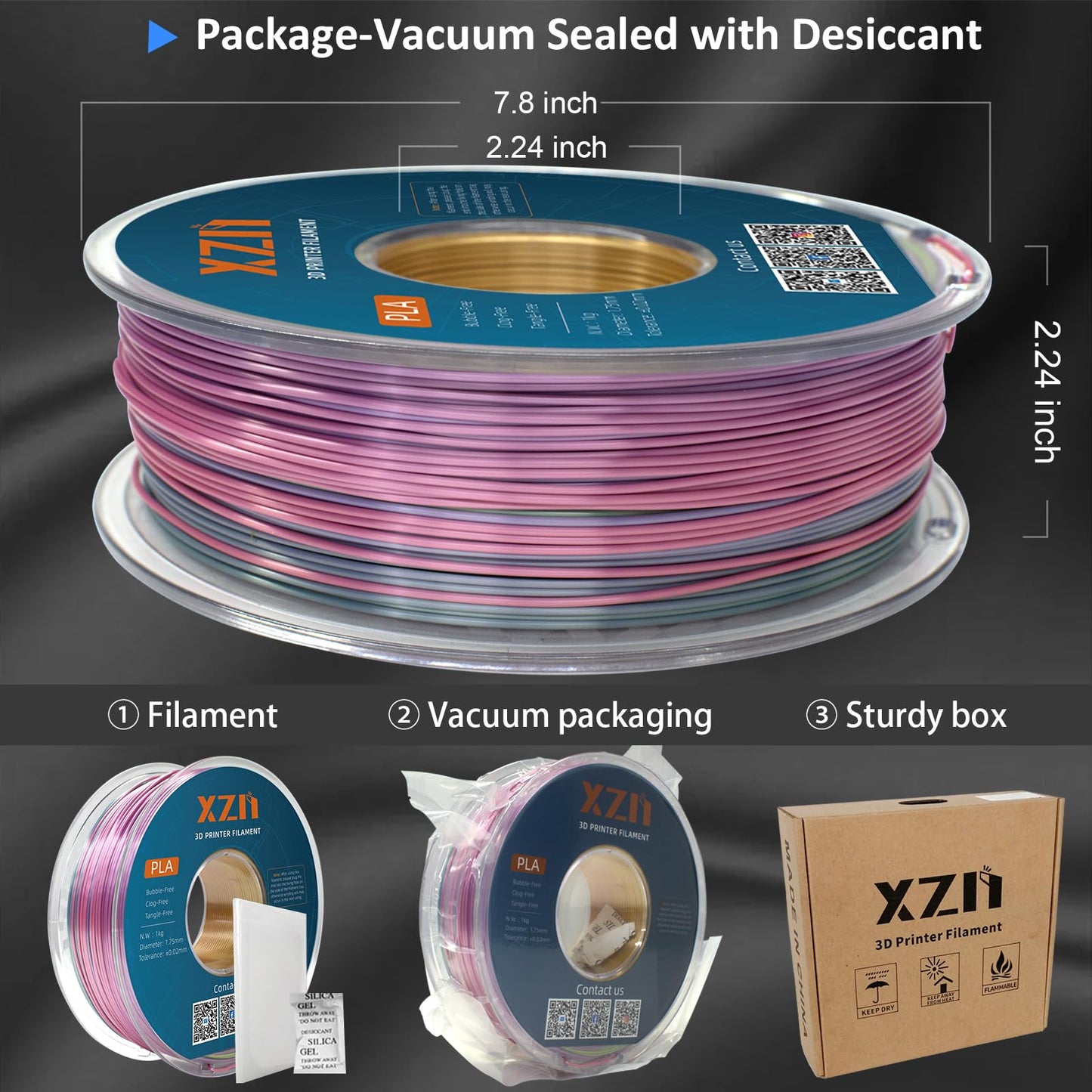 XZN PLA Filament 1.75mm Silk PLA 3D Printer Filament, Accuracy +/- 0.03mm, Silk PLA 1KG Spool, Silk Rainbow.