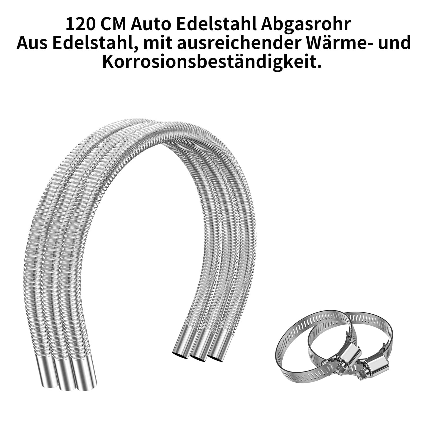 Exhaust hose for power generators, Cakapapo 300CM car stainless steel exhaust pipe, with two stainless steel clamps for diesel heaters