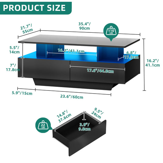 YITAHOME Black Coffee Table, High Gloss Living Room Table with 16-Color LED Lighting, Modern Black Side Table with Open Display Shelf and 4 Pull-Out Drawers 90x55x41.1 cm