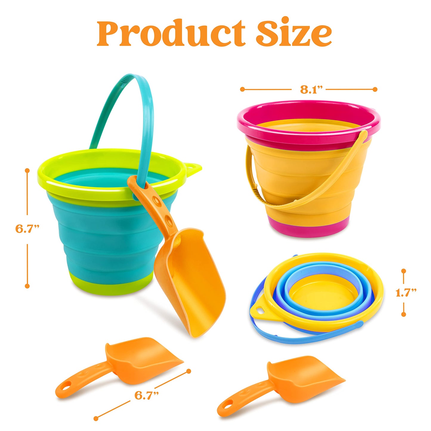 JOYIN 3 Pack Foldable Bucket with Shovels (Bonus Mesh Bag), Foldable Bucket Multipurpose for Beach, Beach Gear, Sandbox Toys
