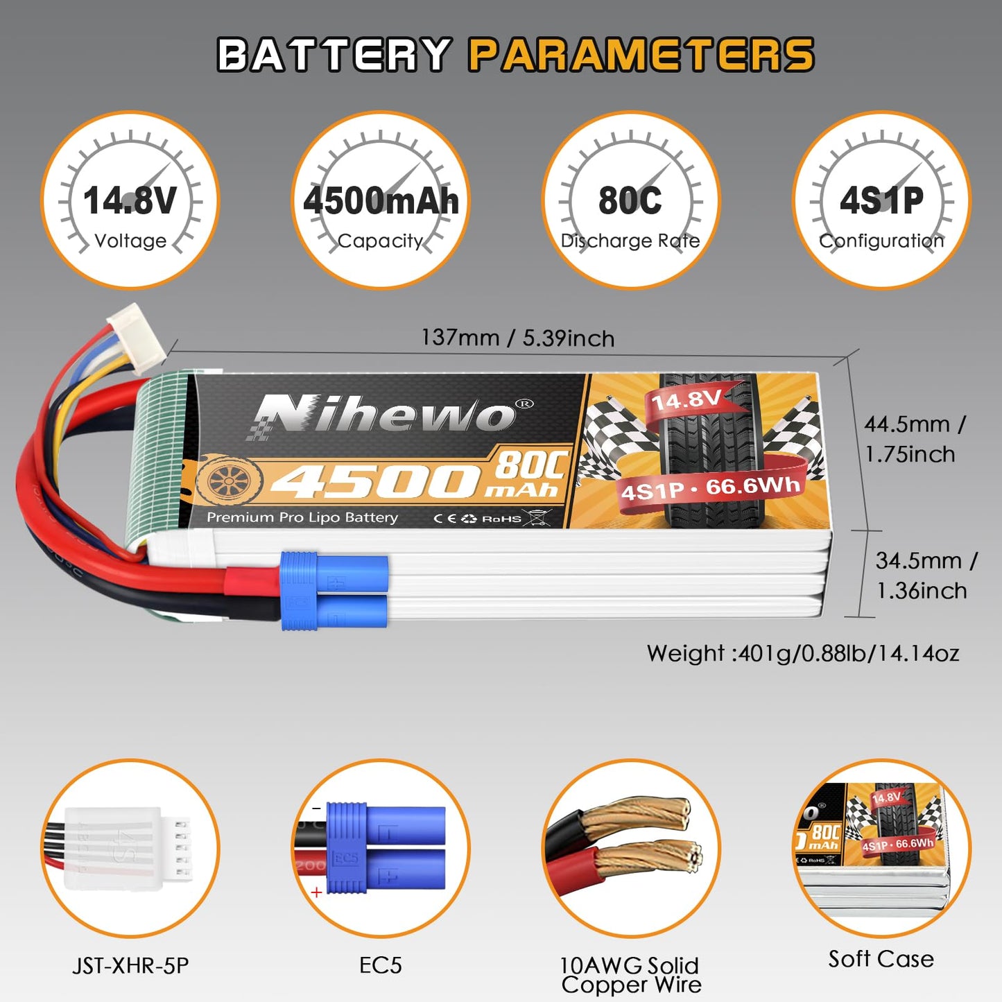 2 packs of 4S Lipo battery, Nihewo RC battery 14.8V 4500mAh 80C with EC5 plug. Compatible with 1/6 1/8 scale RC cars, trucks, planes, helicopters, boats, and tanks.