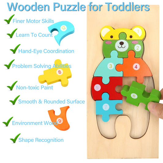 Wooden puzzles for toddlers aged 1-3, Montessori toy for kids aged 2+, educational wooden puzzle game, gift for 1 2 3 year old boys and girls - 4-pack