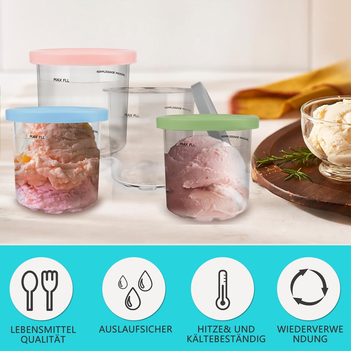 JUOENLP Replacement for Ninja Creami Pints and Lids 4Pack compatible with NC300, NC301 & NC299AMZ Series Deluxe Ice Cream Makers, Creami Pint containers with leak-proof lids, Dishwasher safe (NC300EU)