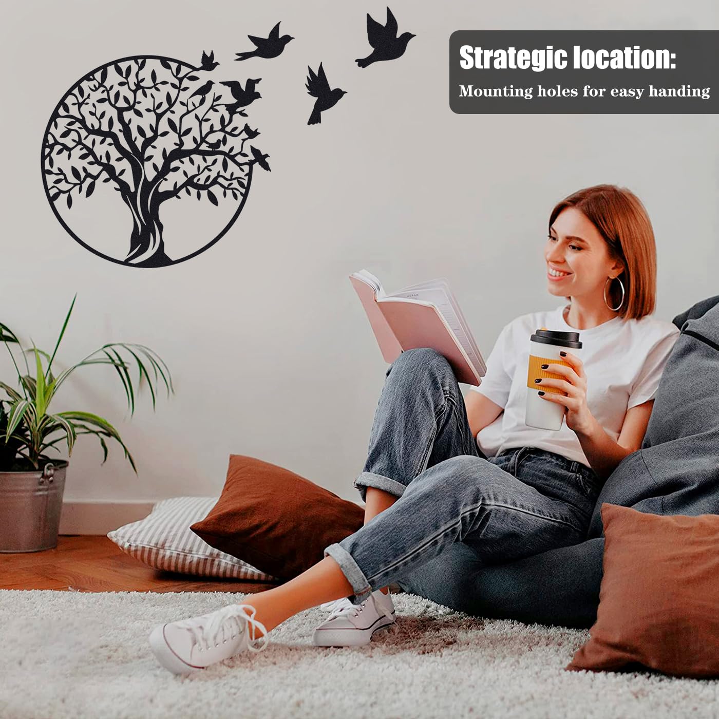 Luccyle metal wall art, Metal Tree of Life wall decoration silhouette, family tree with birds on branch, home decor for bedroom, living room, kitchen (Black, 49x49cm)