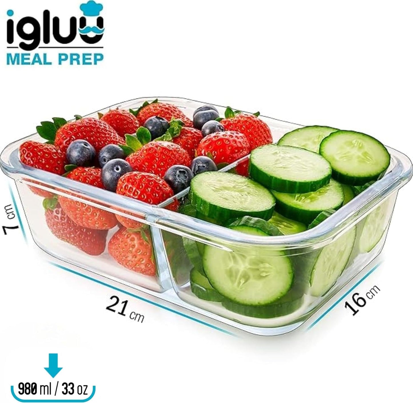 Igluu Meal Prep Glass Food Storage Containers with BPA-free lid (3-pack) - microwave, oven, freezer, dishwasher safe, leak-proof - 980 ml - with 2 compartments - durable borosilicate glass