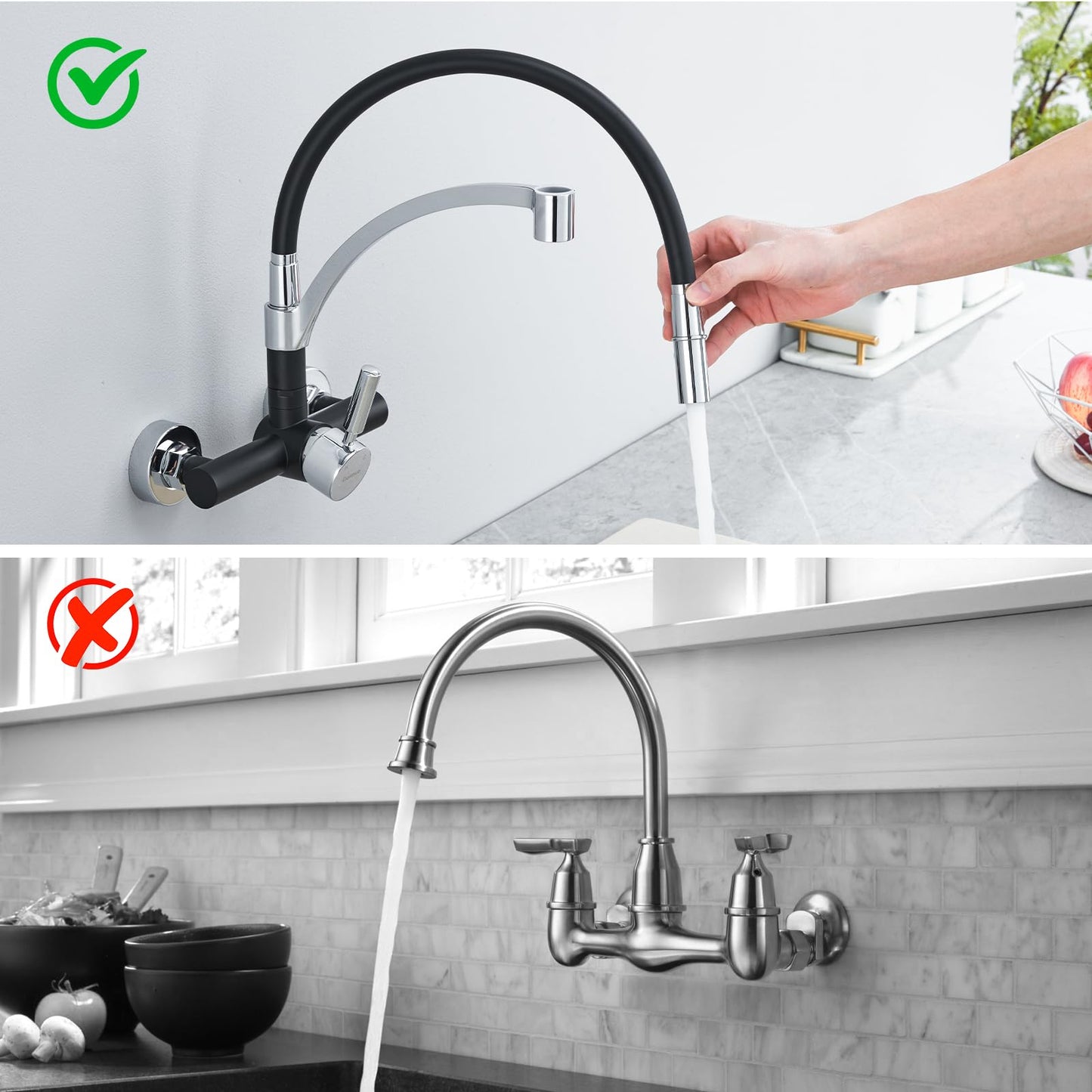 Kitchen faucet Wall-mounted sink faucet Black, Dolinvo Kitchen faucet Wall-mounted with 360° swivel, Single lever sink mixer tap wall-mounted faucet, Scald protection silicone cover.