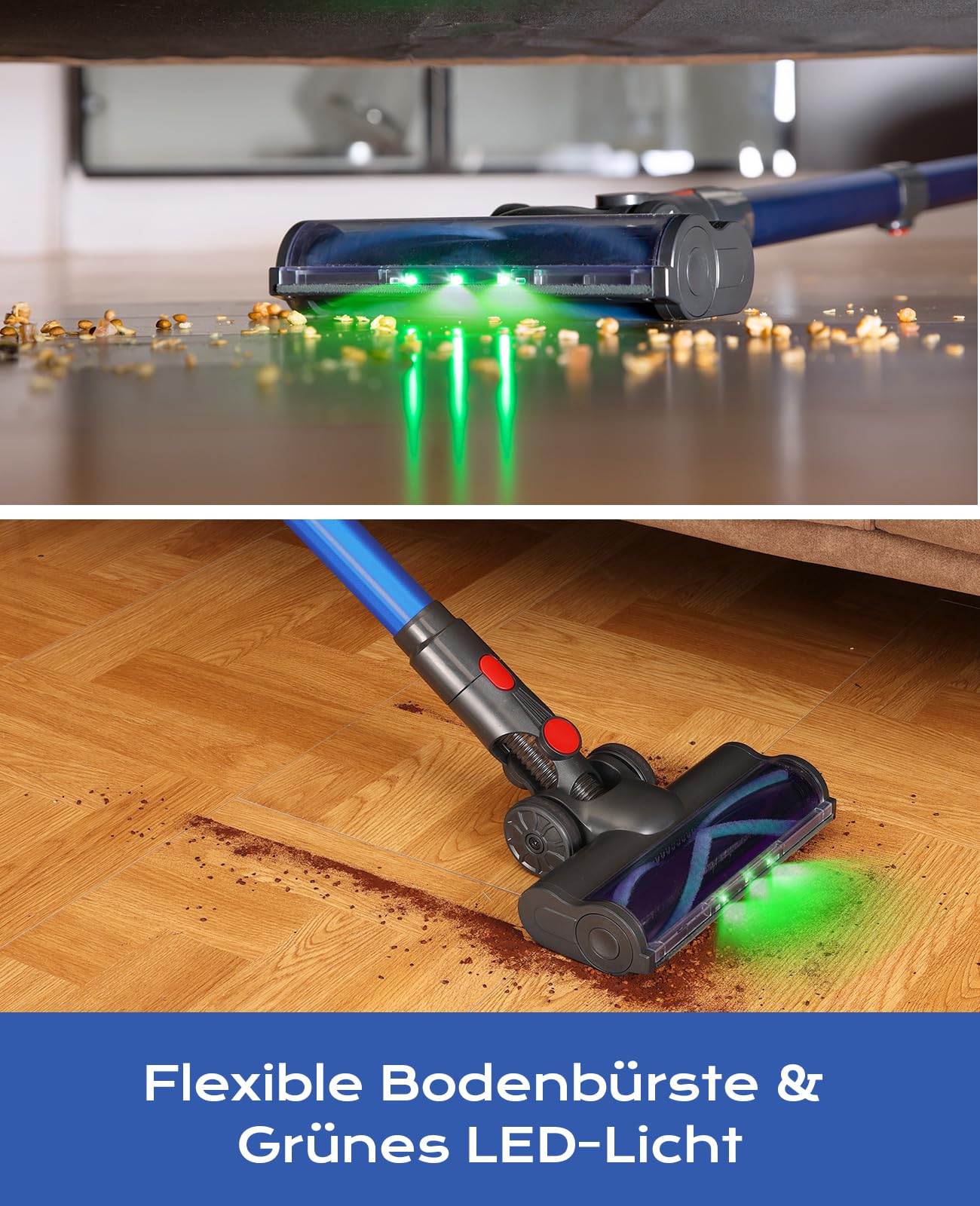 Ivormentico Cordless Vacuum Cleaner 50Mins/40KPA/450W, Battery-Operated Vacuum with Green LED, Cordless Hoover with Upgraded Floor Brush, Vacuum Cleaner Battery for Pet Hair, Blue