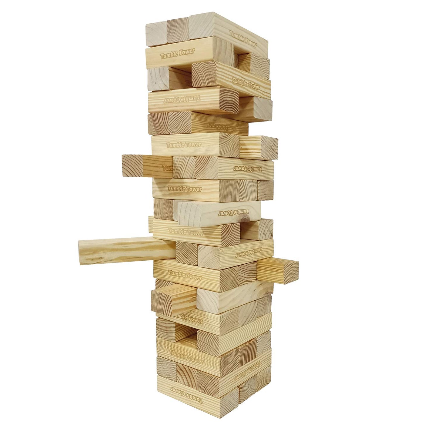 Jac & Mok Giant Tumble Tower game made of pine wood. Includes 60 building blocks and a carrying bag for outdoor fun.
