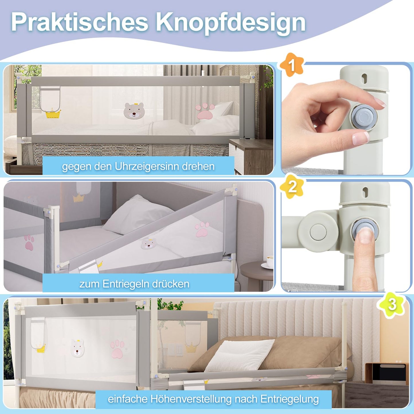 Jopassy bed rail 200cm, height adjustable 70-98 cm, toddler bed guardrail, safety rail with pattern, stable construction, bed rail with mesh, gray