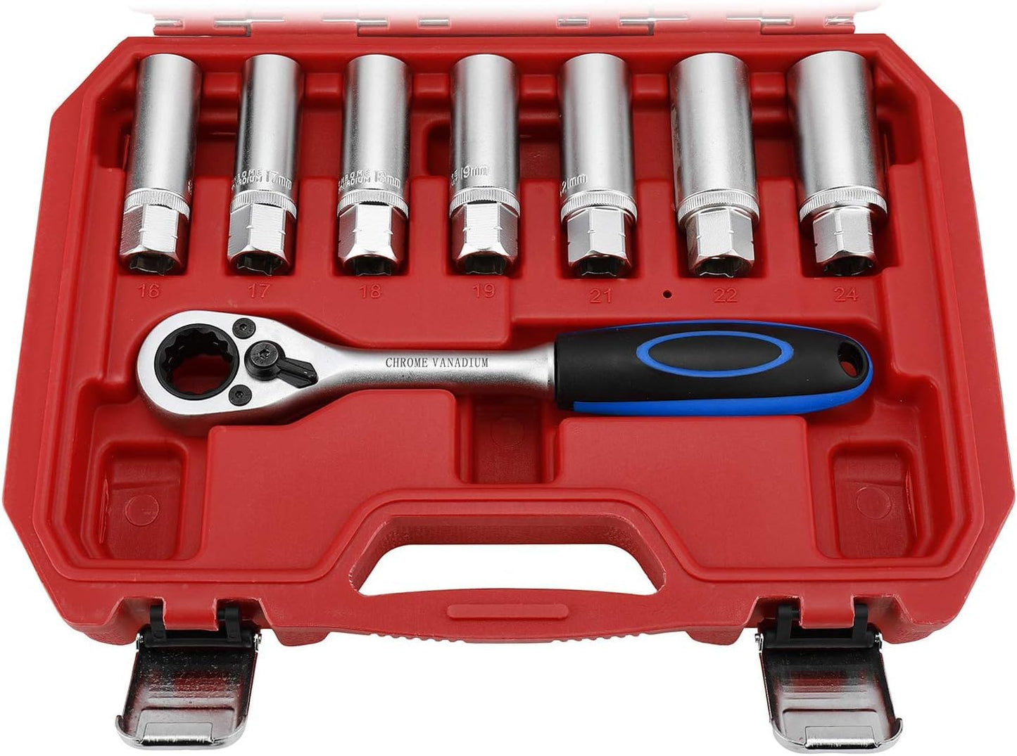FreeTec 18-piece shock absorber, spring strut, and strut bearing tool set with 1/2 inch drive.