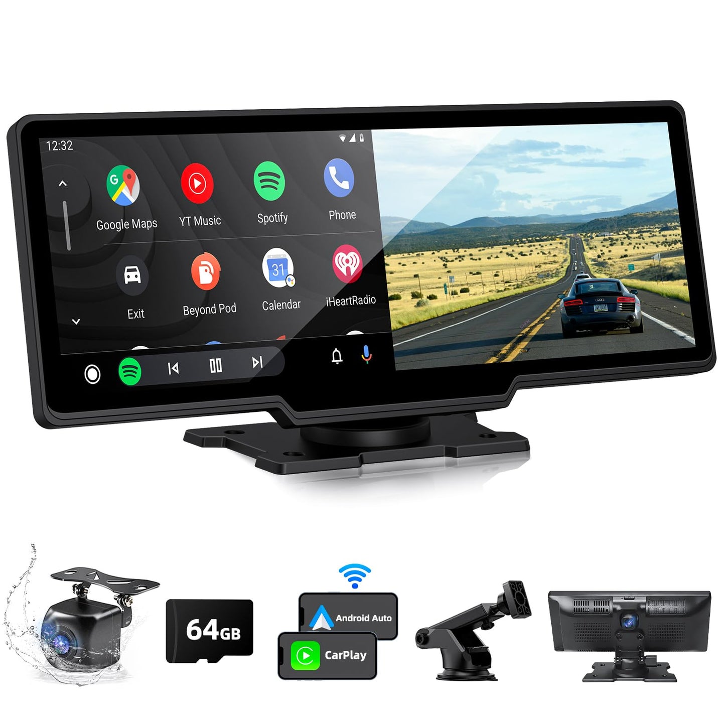 NVKHG Wireless CarPlay for CarPlay/Android Auto, featuring a 9.3-inch CarPlay touchscreen, dual camera, 4K+1080P dashcam & rearview camera, with AUX IN/Bluetooth/FM/GPS/Siri/Google Assistant.