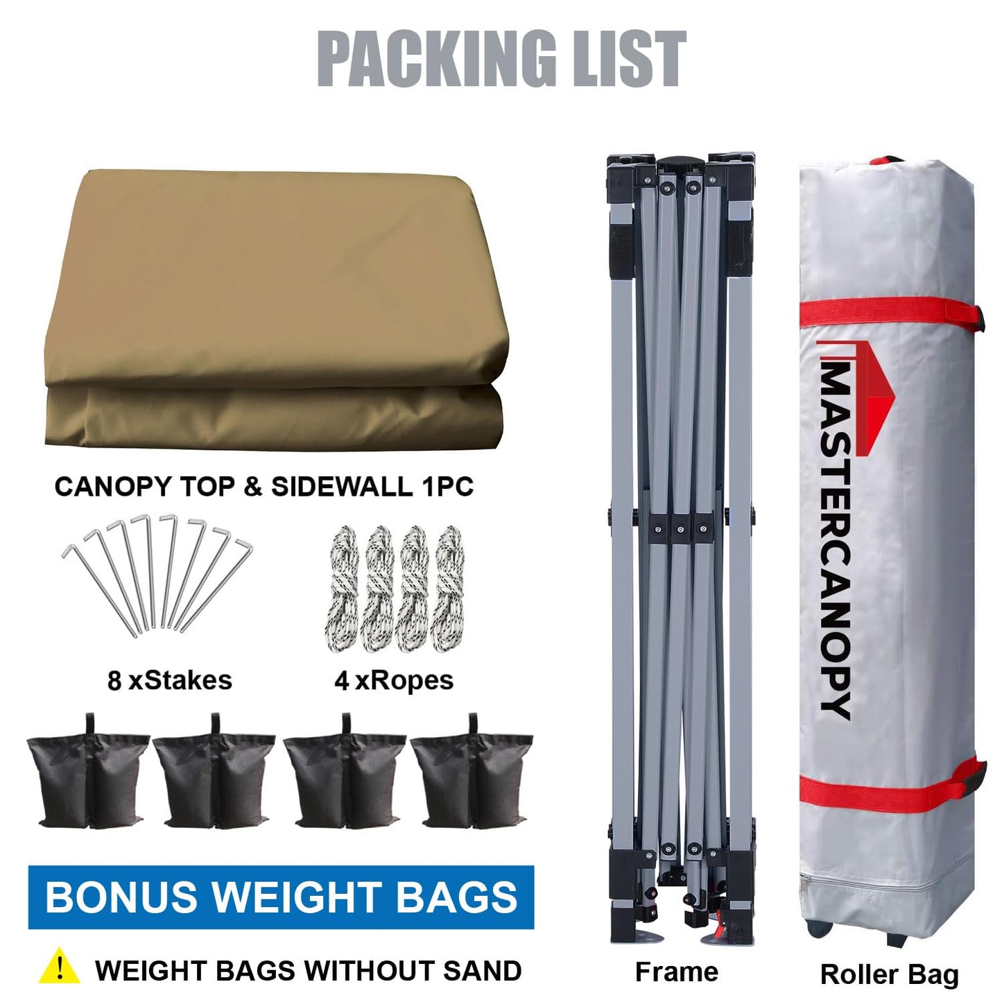 MASTERCANOPY 2.5 x 2.5m Pop-up Canopy Folding Tent with Vent & 1 Sidewall for Market, Garden, Events, Khaki