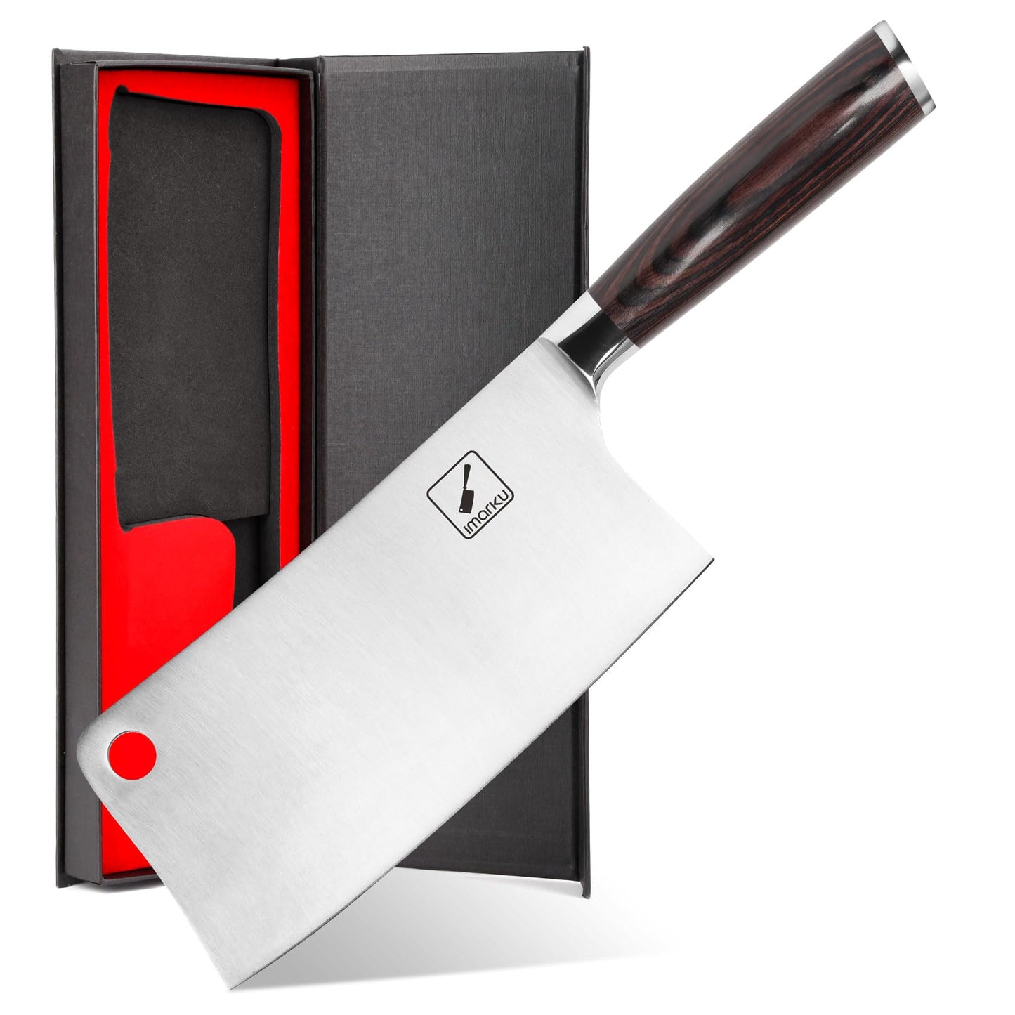 imarku 7" Cleaver Knife, with a 7-inch blade length. Sharp Chinese chef's knife made of high-quality stainless steel. Ideal for chopping bones with an ergonomic Pakkawood handle.
