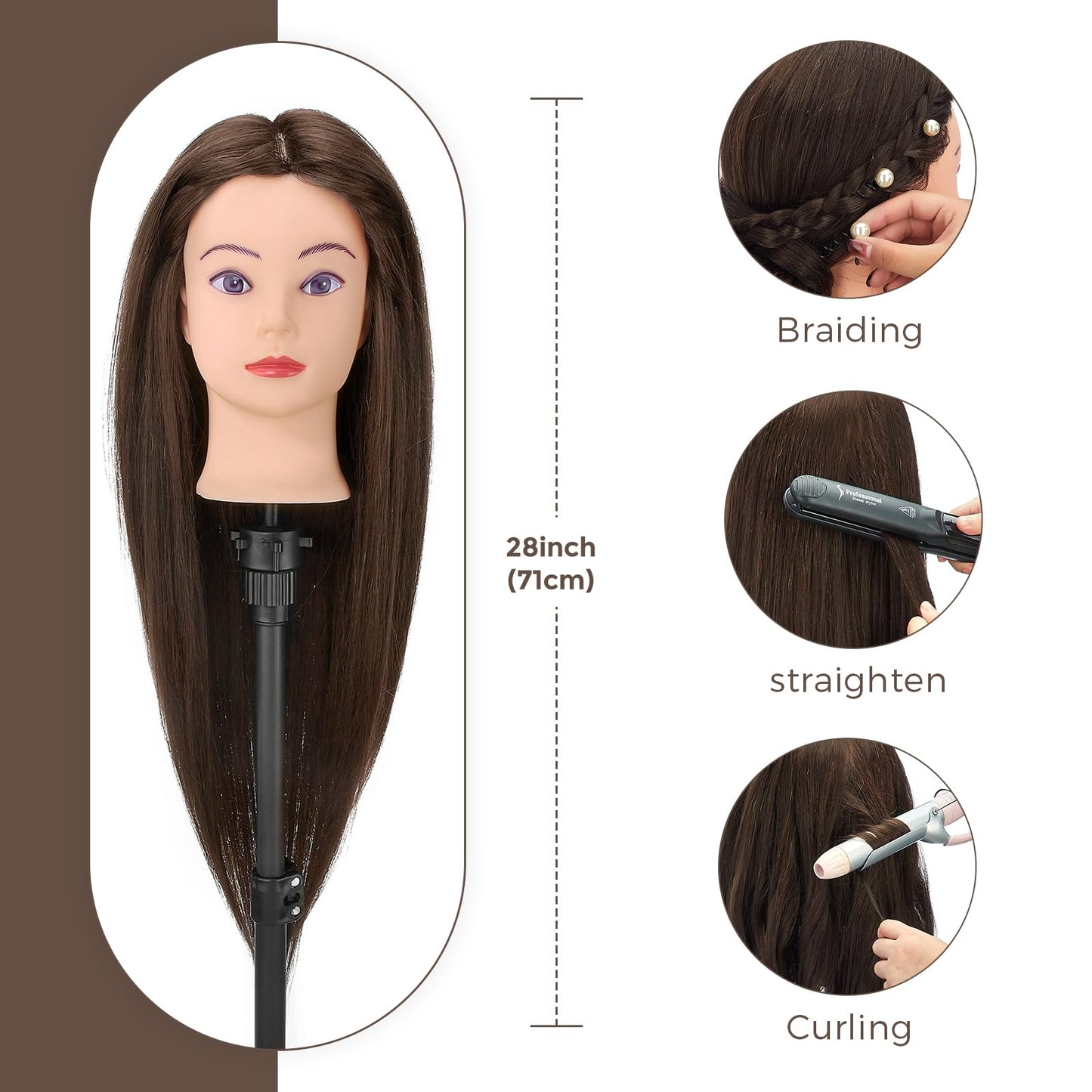 Neverland Beauty Styling Head with Practice Head Stand - 71cm 60% Real Hair, Doll Head for Styling, Training Heads for Hairdressers Training Head With Holder + DIY Hair Set (Brown)