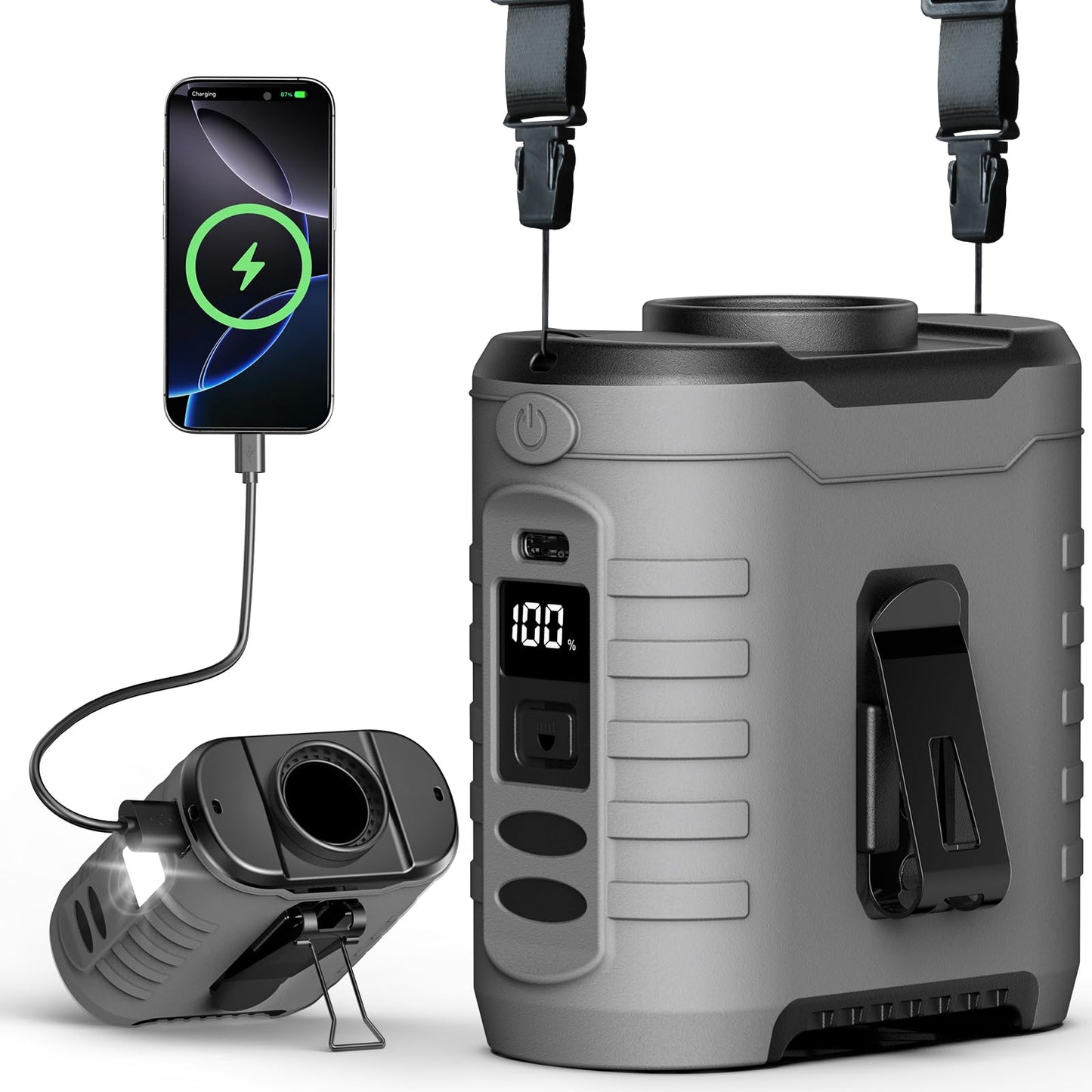 6-in-1 Waist Clip Fan, 10000mAh Battery Fan, 5 Speeds, 8-40h Runtime USB Rechargeable, for Construction, Outdoor, Hiking, Summer Work with COB Light & Power Bank.
