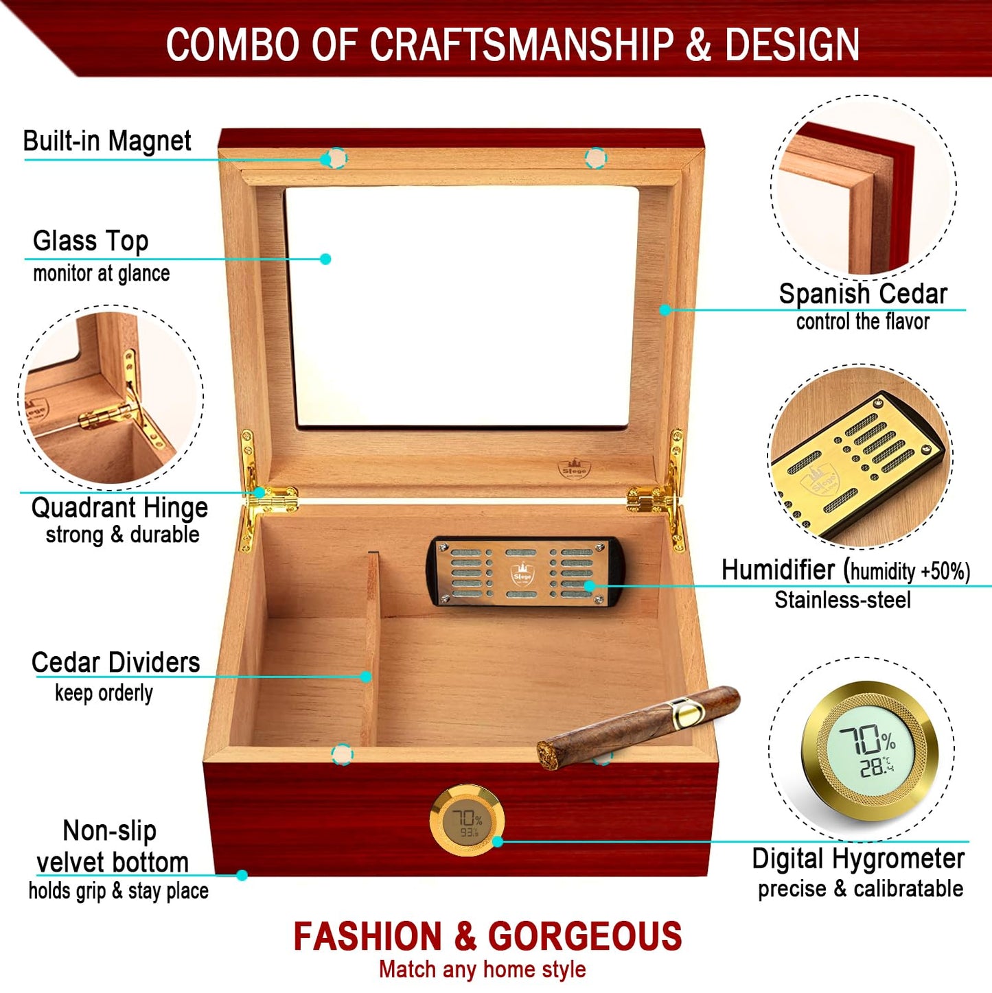 Slege Cigars Humidor, Spanish Cedar Humidor Cigars, Cigar Cabinet with Digital Hygrometer, INOX Humidifier, Divider, Cigar Box Cigar Accessories, Men's Gift, 30-50 Cigars (Cherry Red)