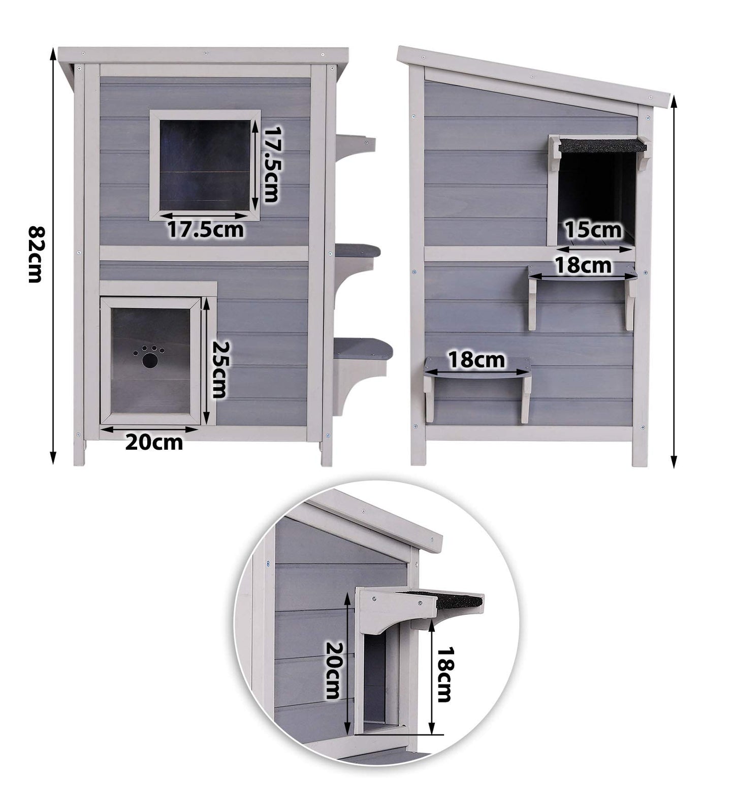 lionto outdoor cat house for playing and resting, wooden house for cats with weatherproof bitumen roof, 56x52x82 cm, window and 3 entrances, sturdy cat hut with assembly instructions, grey/white