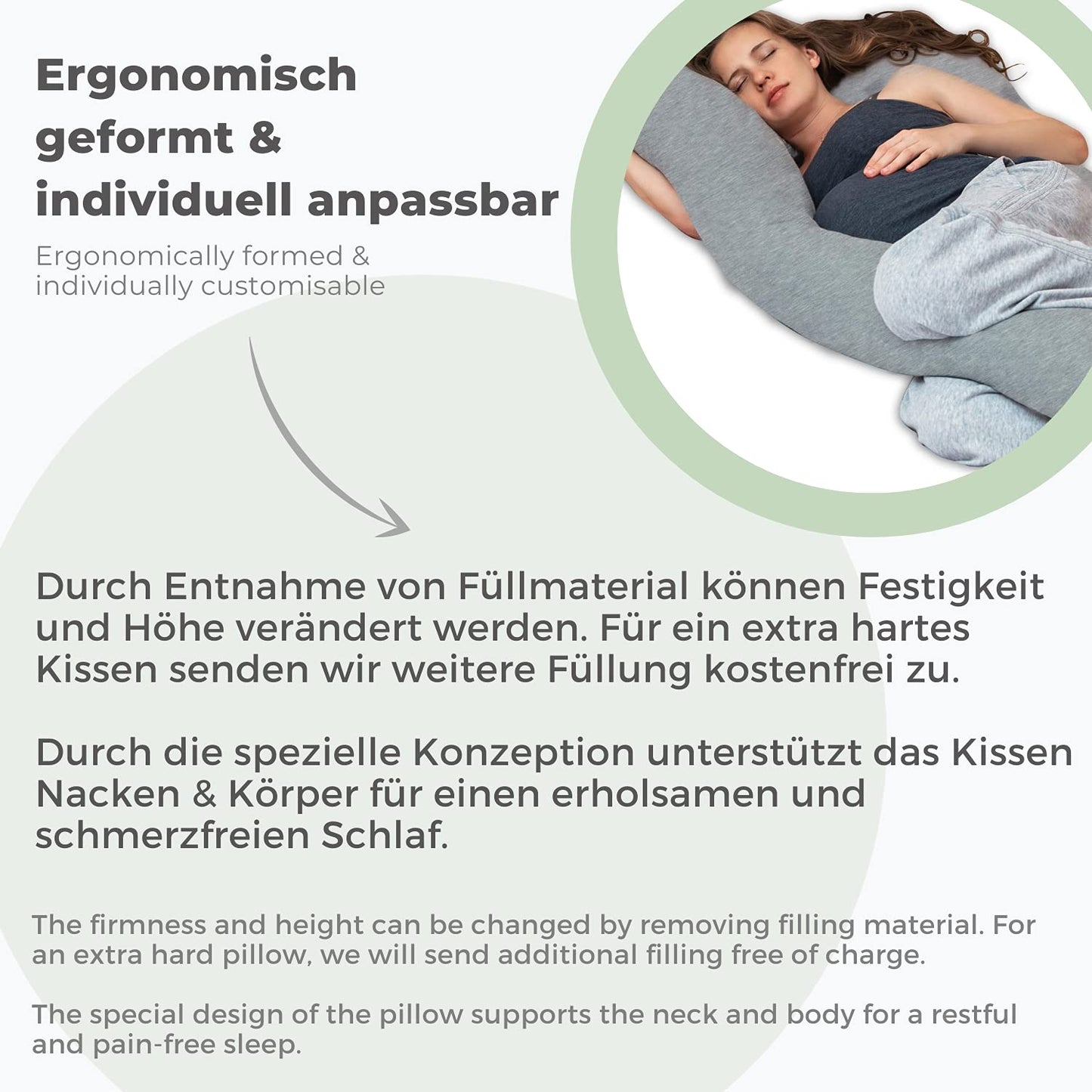 Lilly and Ben® side sleeper pillow with jersey cotton cover I Oeko-TEX® pregnancy pillow with firm filling I support pillow in 3 sizes I ergonomic body pillow