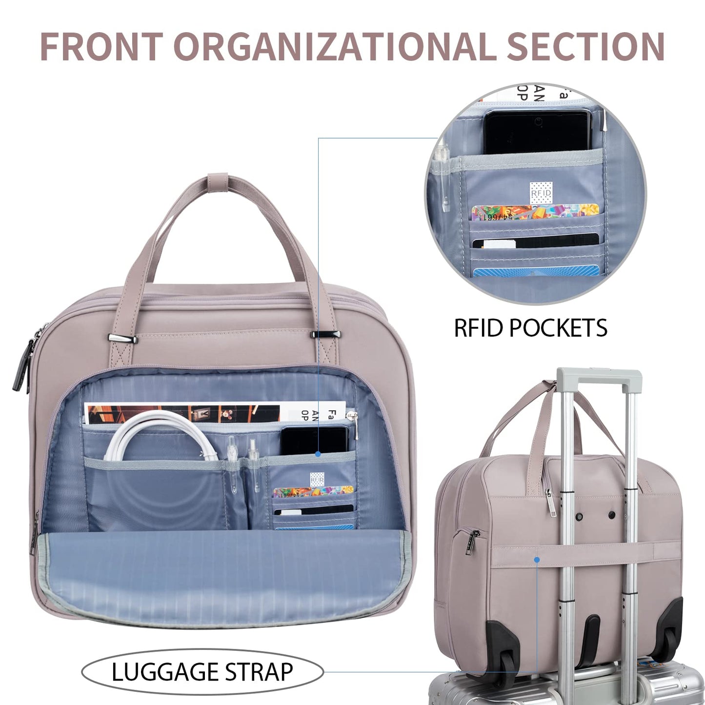 EMPSIGN Trolley Business Rolling Laptop with wheels, Rolling laptop bag for women fits up to 15.6-inch laptop briefcase on wheels, Water-resistant, with RFID pockets, Pink