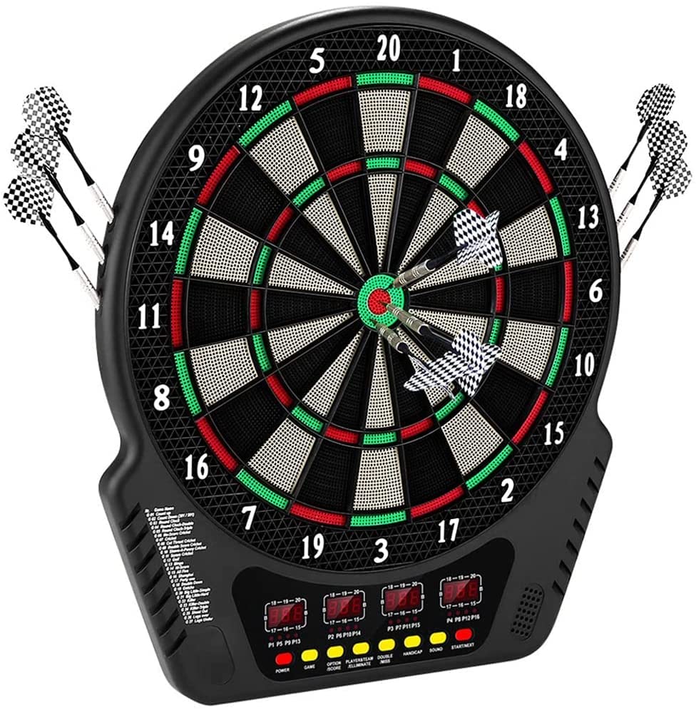 Electronic dartboard, E-Dart board with 4 LCD displays and charging adapter. Suitable for 6 darts and 24 dart heads. 27 games with 243 game options. Professional electronic dart game.