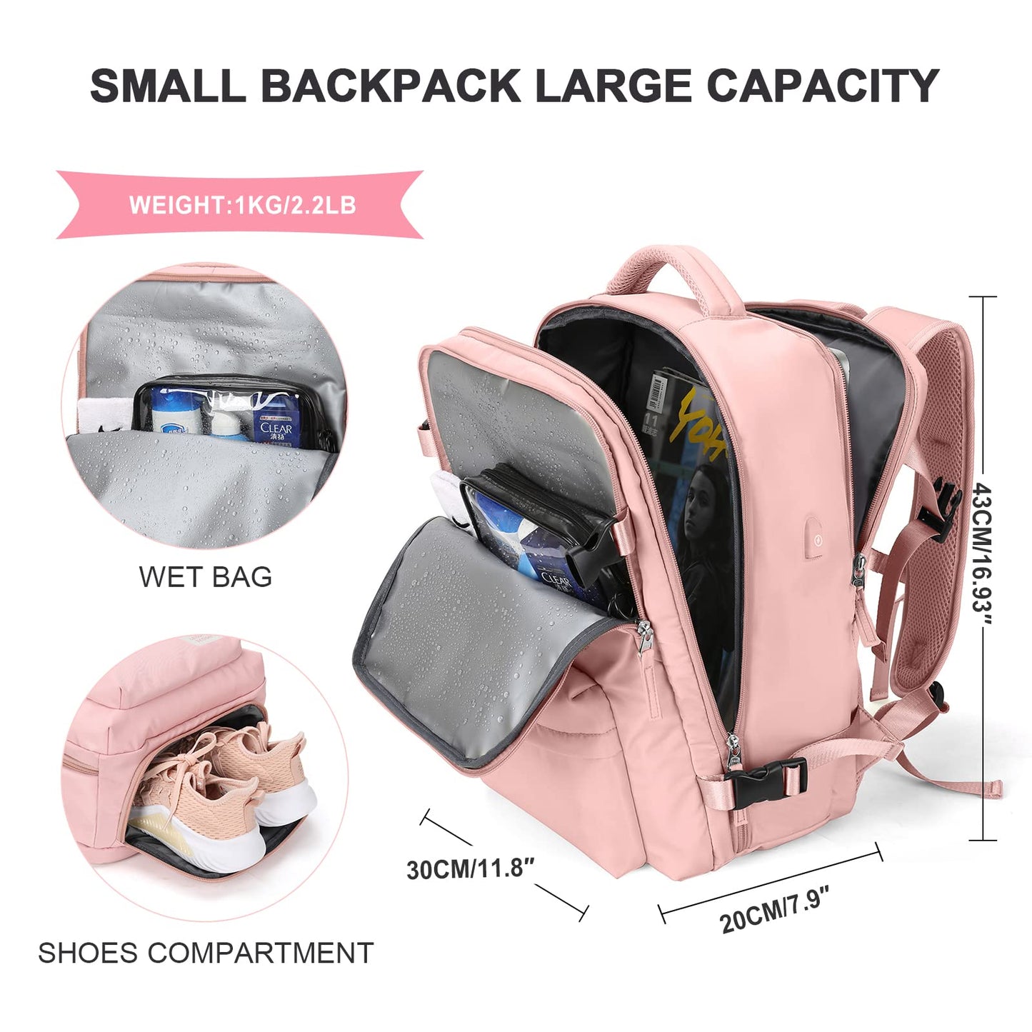 SZLX Ryanair carry-on backpack for women for airplane underseat cabin bag travel backpack carry-on airplane Easyjet backpack waterproof men with shoe compartment for 14-inch laptops, Pink.