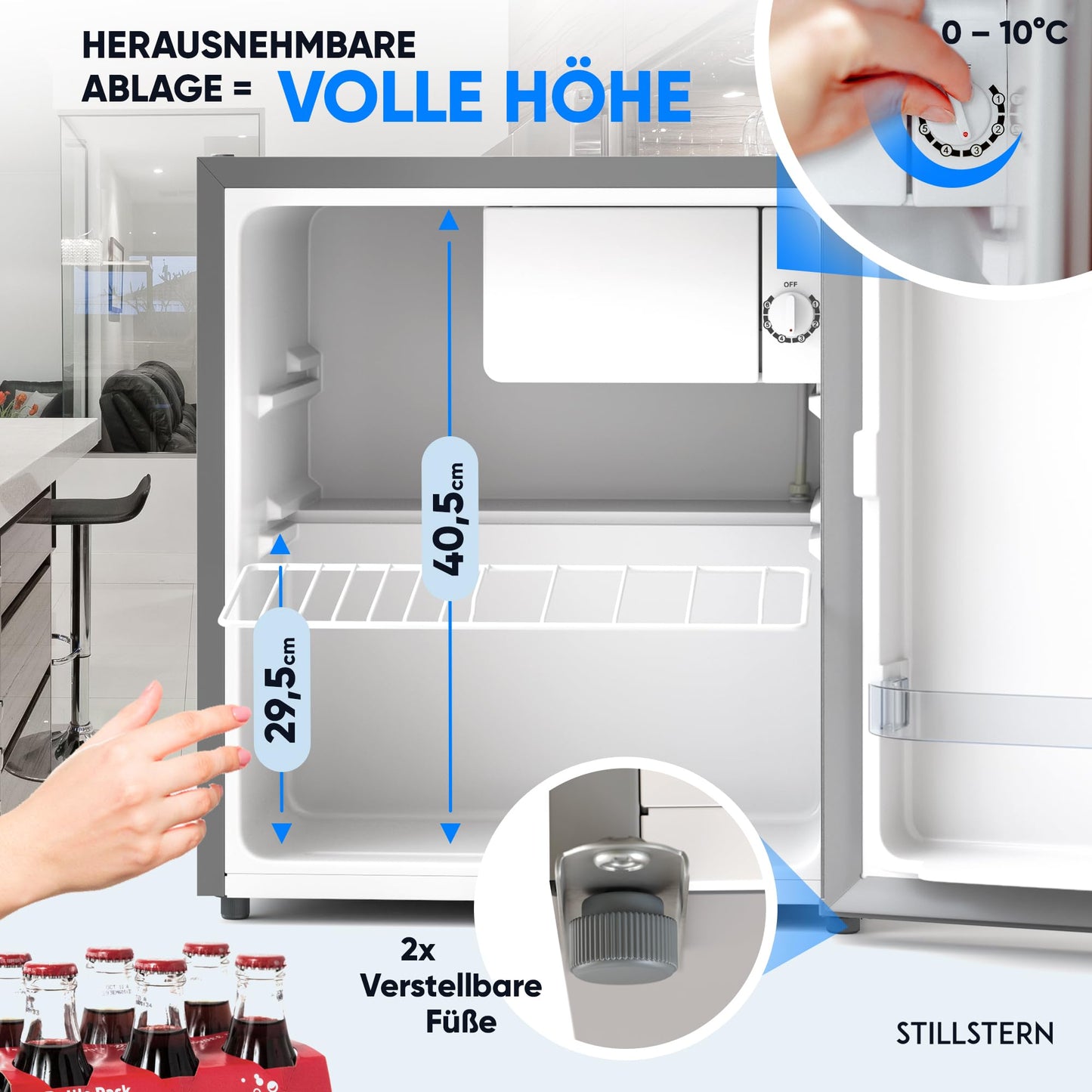 Silentstar Mini Fridge E 45L with automatic defrost, lock, freezer compartment, quiet, ideal for kitchen, office, bedroom, hotels and small apartments. Small fridge minibar drinks fridge silver.