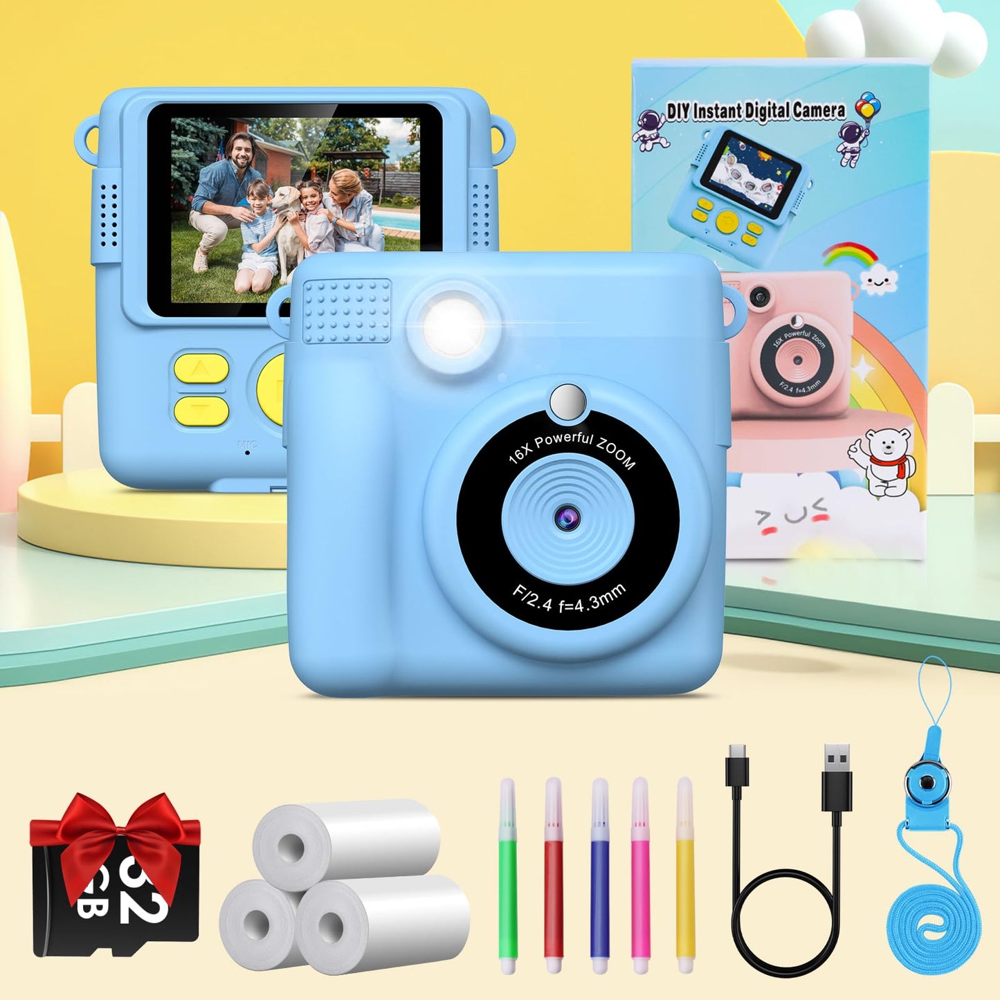 GREENKIDS Kids Camera Instant Camera, 1080P 2.4 Inch Screen Instant Camera for Kids with Printing Paper & 32GB Card, Digital Camera for Kids with Colored Pens Gift for Boy 3-12 Years