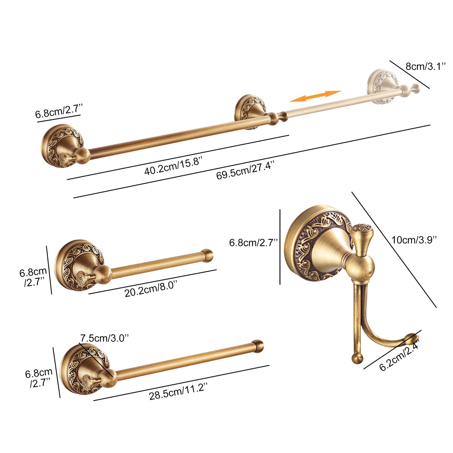 Antique Bronze Bathroom Hardware Set, Adjustable Towel Holder, Toilet Paper Holder, Towel Bar, Hooks, Bathroom Accessory Set Wall Mounted (Carved Pattern)