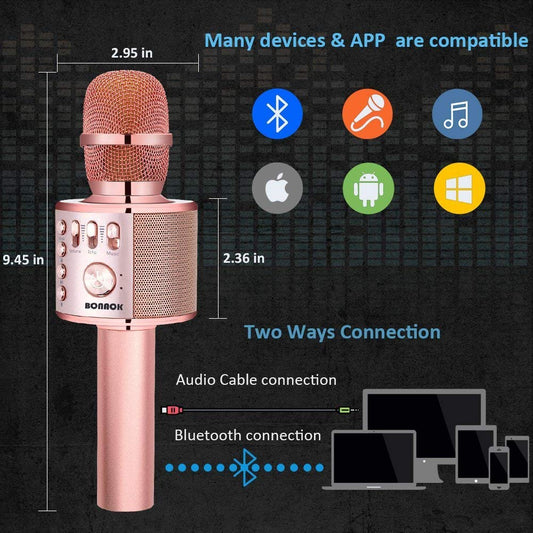 BONAOK Wireless Bluetooth Karaoke Microphone, Portable 3 in 1 Karaoke Handheld Mic Birthday Gift Home Party Speaker for iPhone/Android/iPad/PC/Smartphone (Rose Gold Plus)