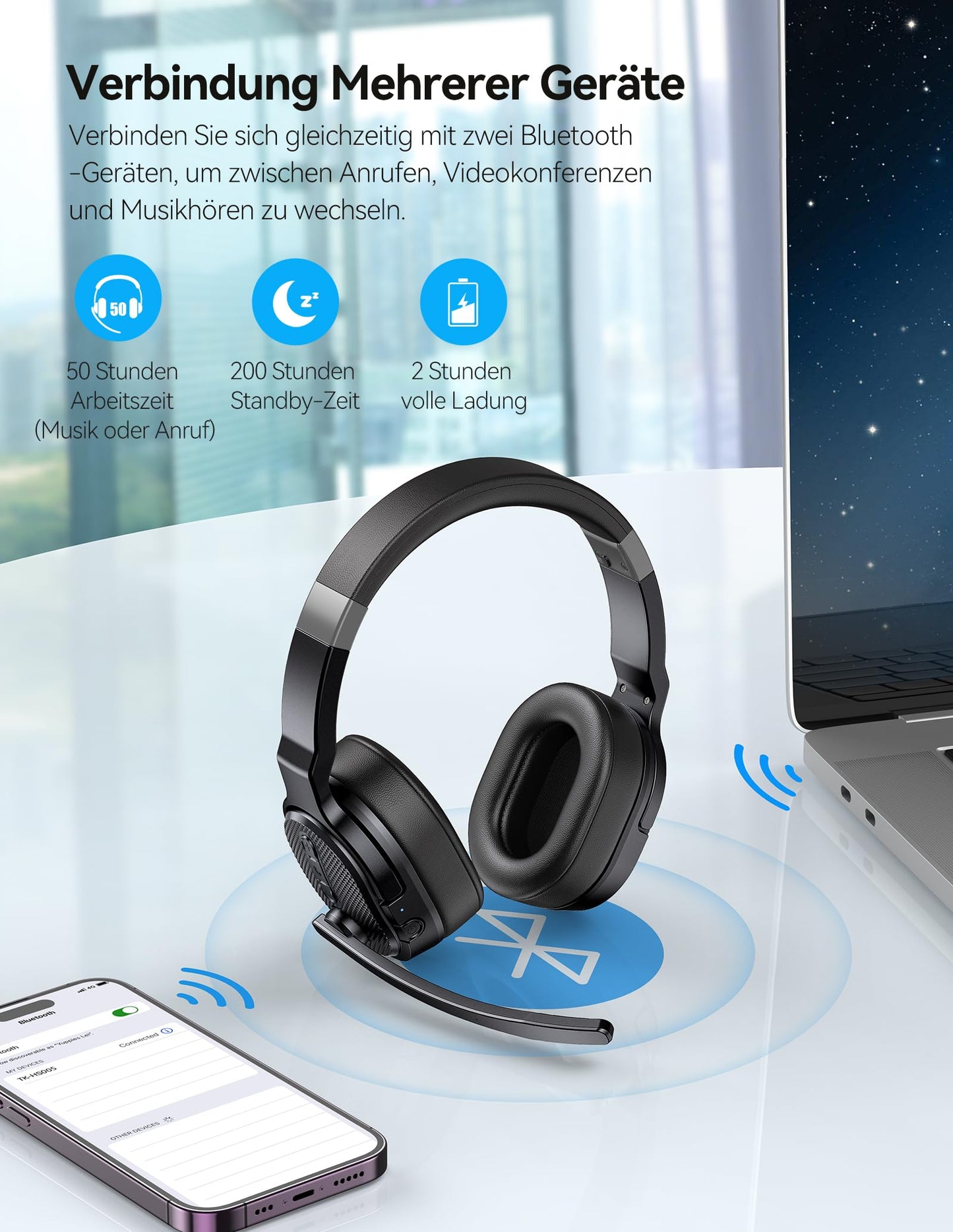 TECKNET Bluetooth headset with microphone, noise cancelling single and dual over-ear headset wireless with USB dongle, 3 EQ music modes, wireless PC headphones for office, home, Zoom, Microsoft Teams.
