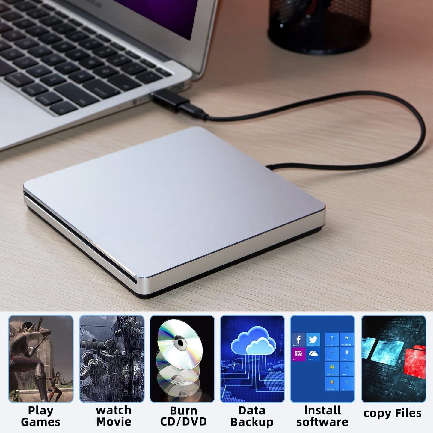 NOLYTH External CD Drive for Laptop, External DVD Drive for Mac MacBook, Slot-in External Optical Drives, Portable USB CD Drive External Burner External Drive for PC Apple Windows Desktop