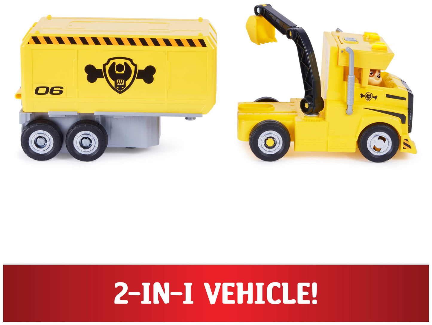 PAW PATROL 6064242 2-in-1 Rubble's Truck with digger, toy crane, lights and sounds, action figures, toy for kids ages 3 and up.