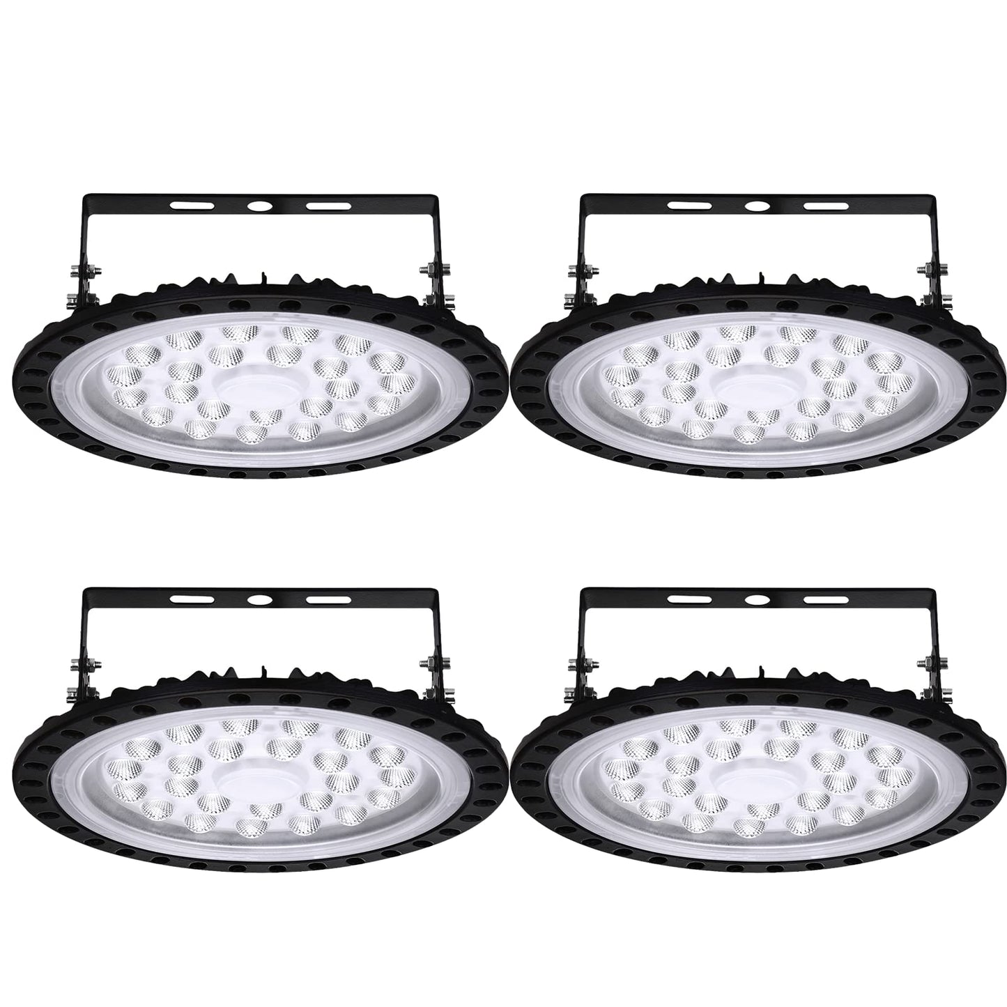 4 pieces LED UFO industrial lamp, 100W high bay light, 6500K cool white, IP67 waterproof for factory halls, stadiums, workshops.