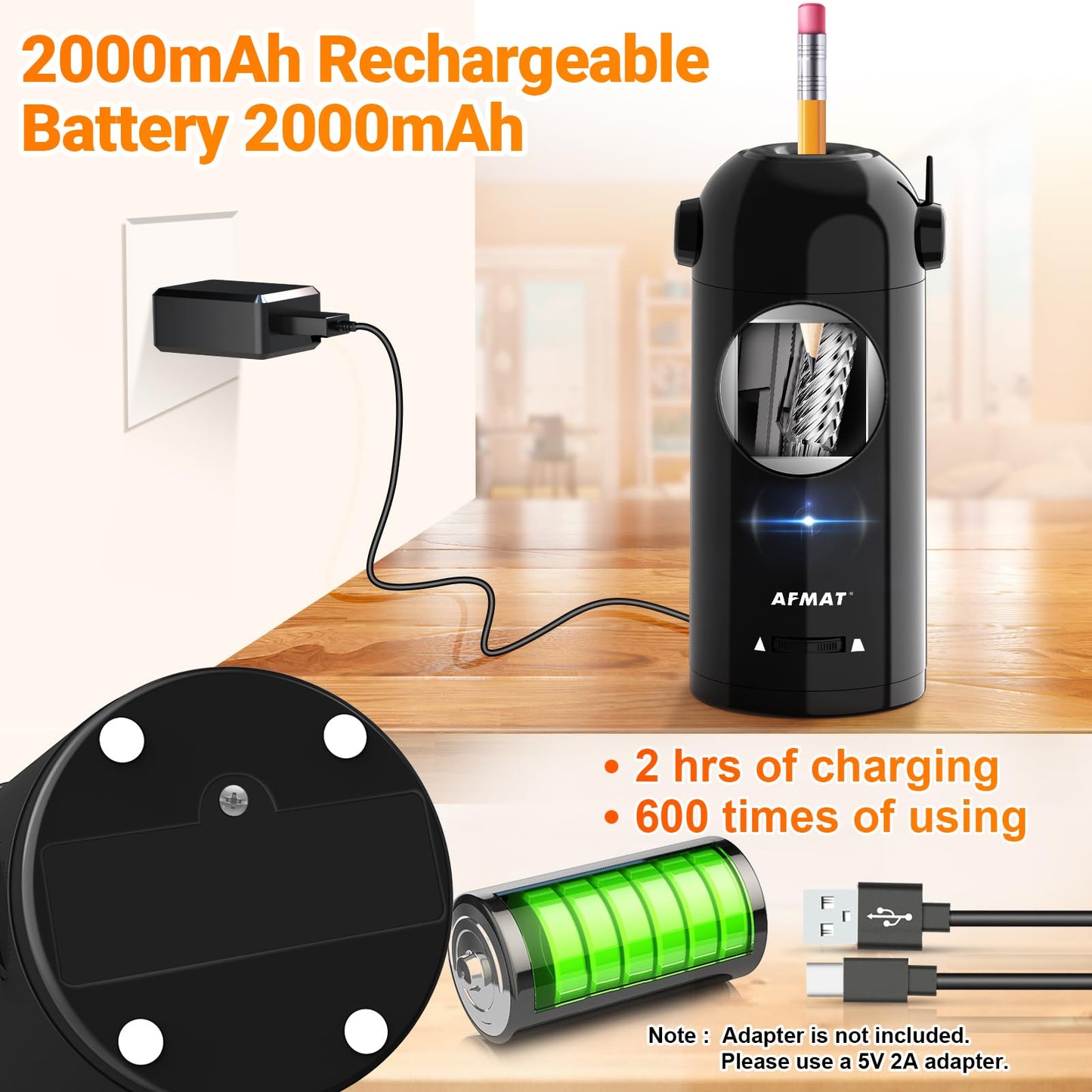 AFMAT Fully Automatic Electric Pencil Sharpener with Container, Electric Sharpener for 7-11.5mm pencils, Portable and Safe, Rechargeable Pencil Sharpener for Home, Office, School, Black