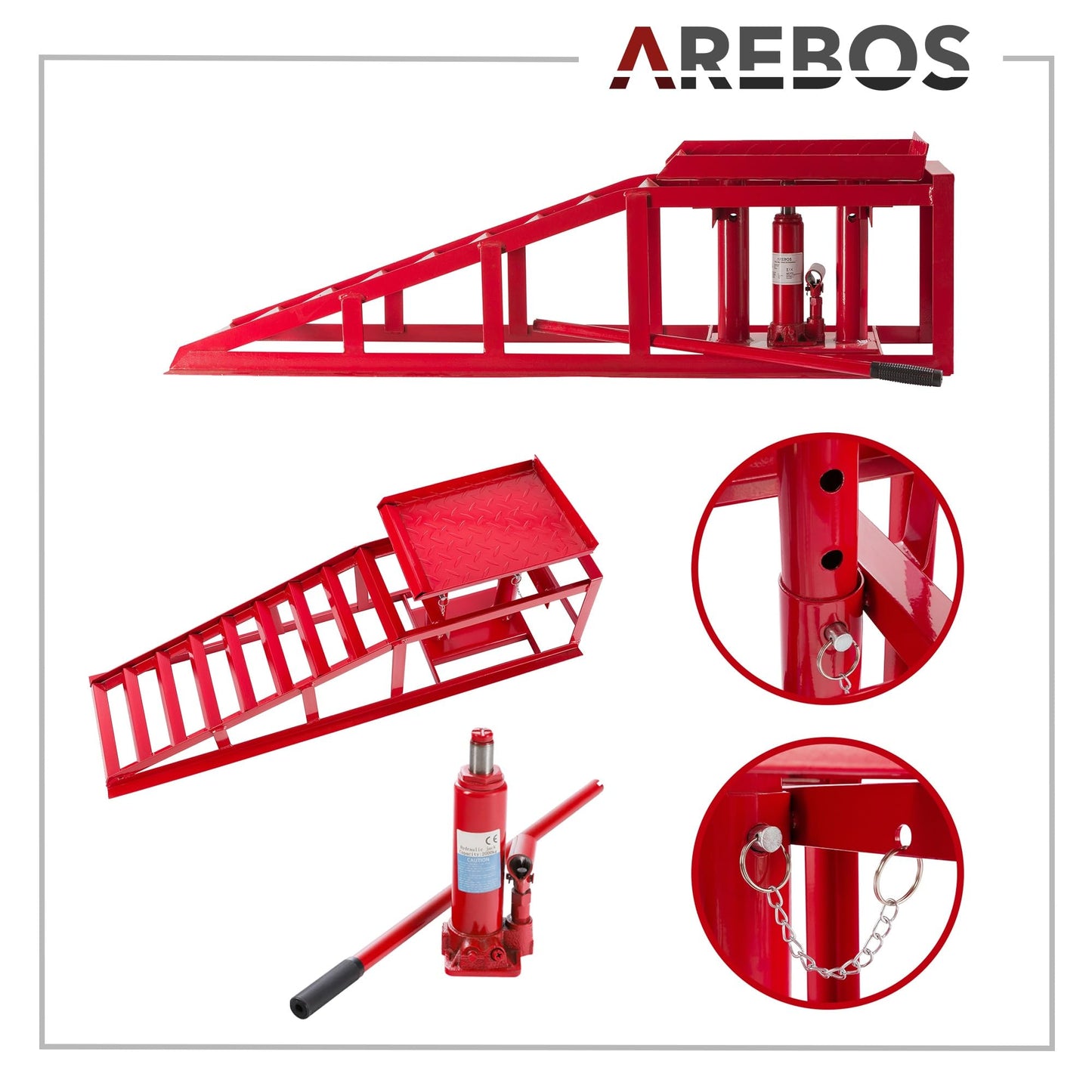 Arebos 2X Loading Ramp with Hydraulic Jack | XXL Car Lift Ramp 245 mm Loading Width | Lift Platform with Safety/Overflow Valve | Height Adjustable 2 T | Red